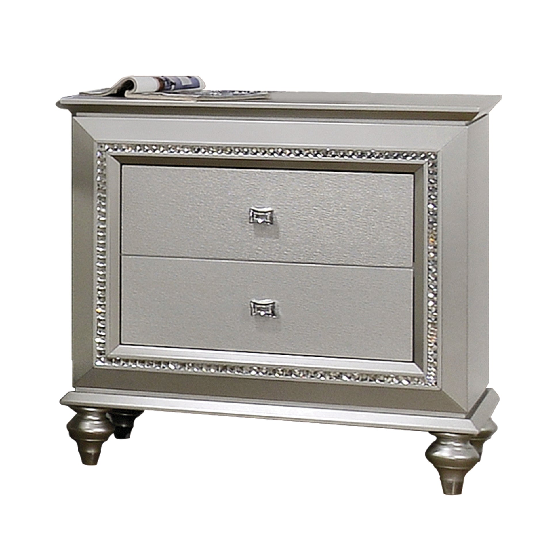 Silver bedside table with two drawers and crystal trim