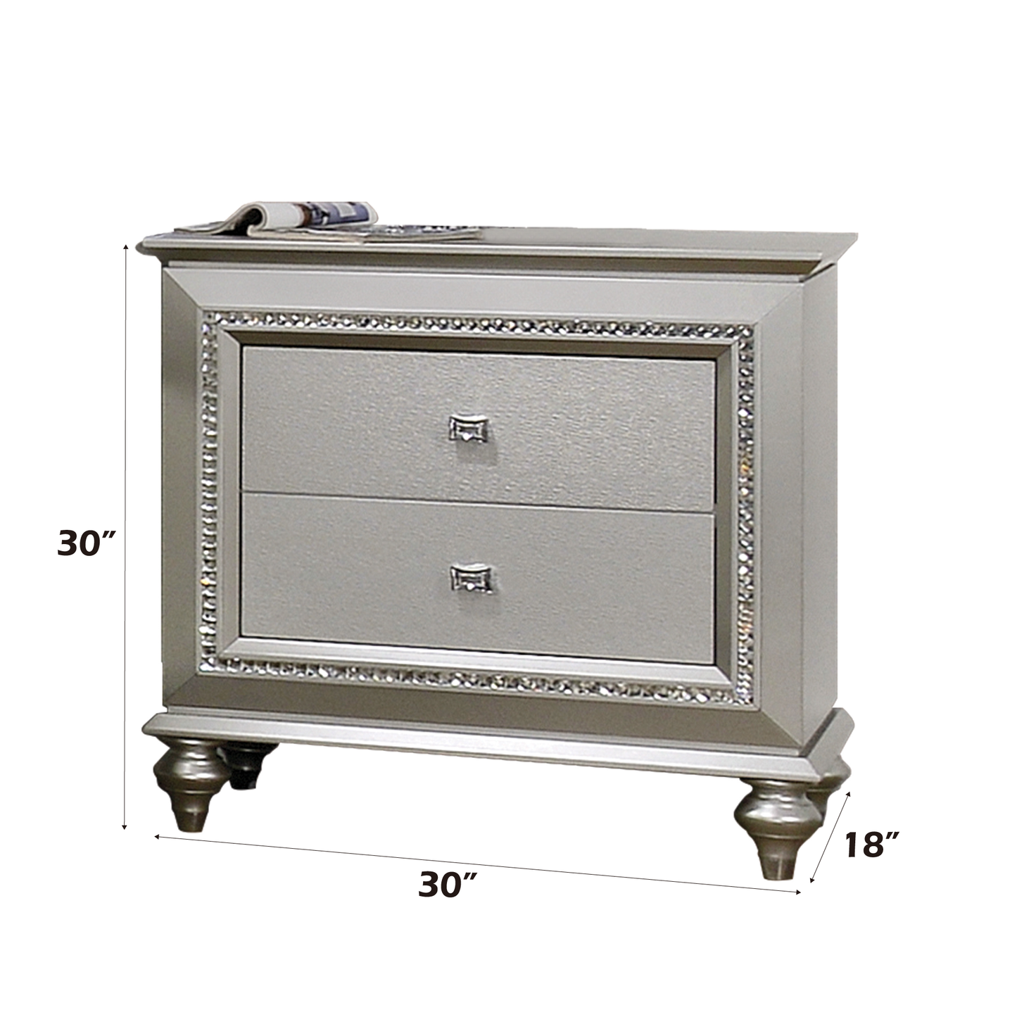 Silver twodrawer nightstand with crystal trim and ornate legs