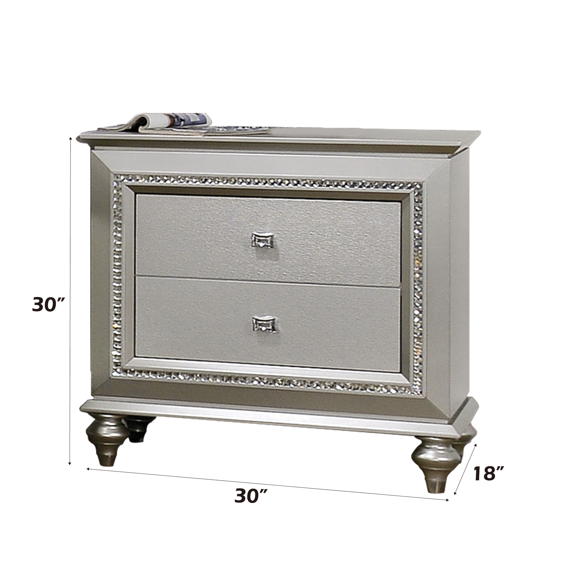 Silver twodrawer nightstand with crystal trim and ornate legs