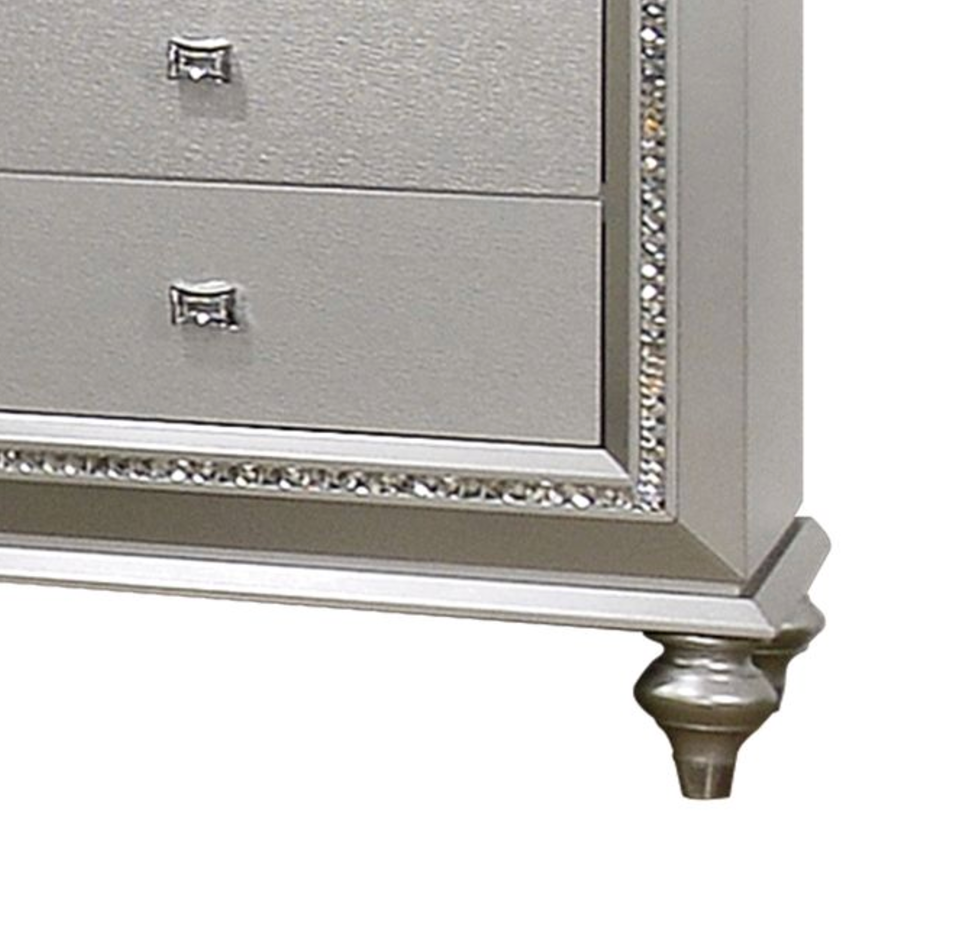 Silver dresser with mirrored trim and crystal accents