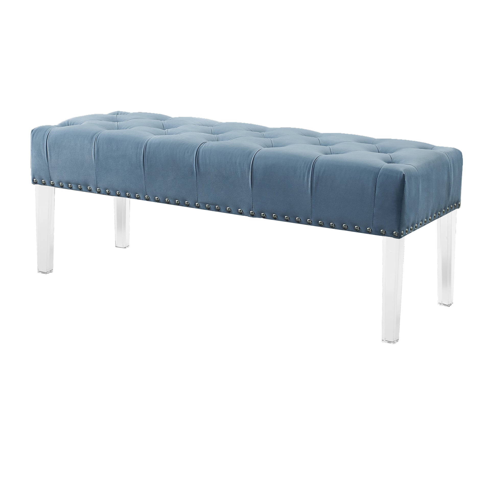 Blue velvet tufted bench with silver nailhead trim and clear acrylic legs