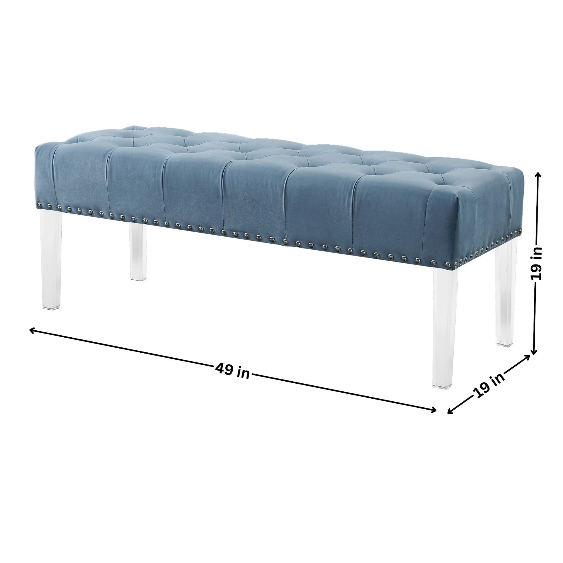 Blue velvet tufted bench with silver nailhead trim and clear acrylic legs
