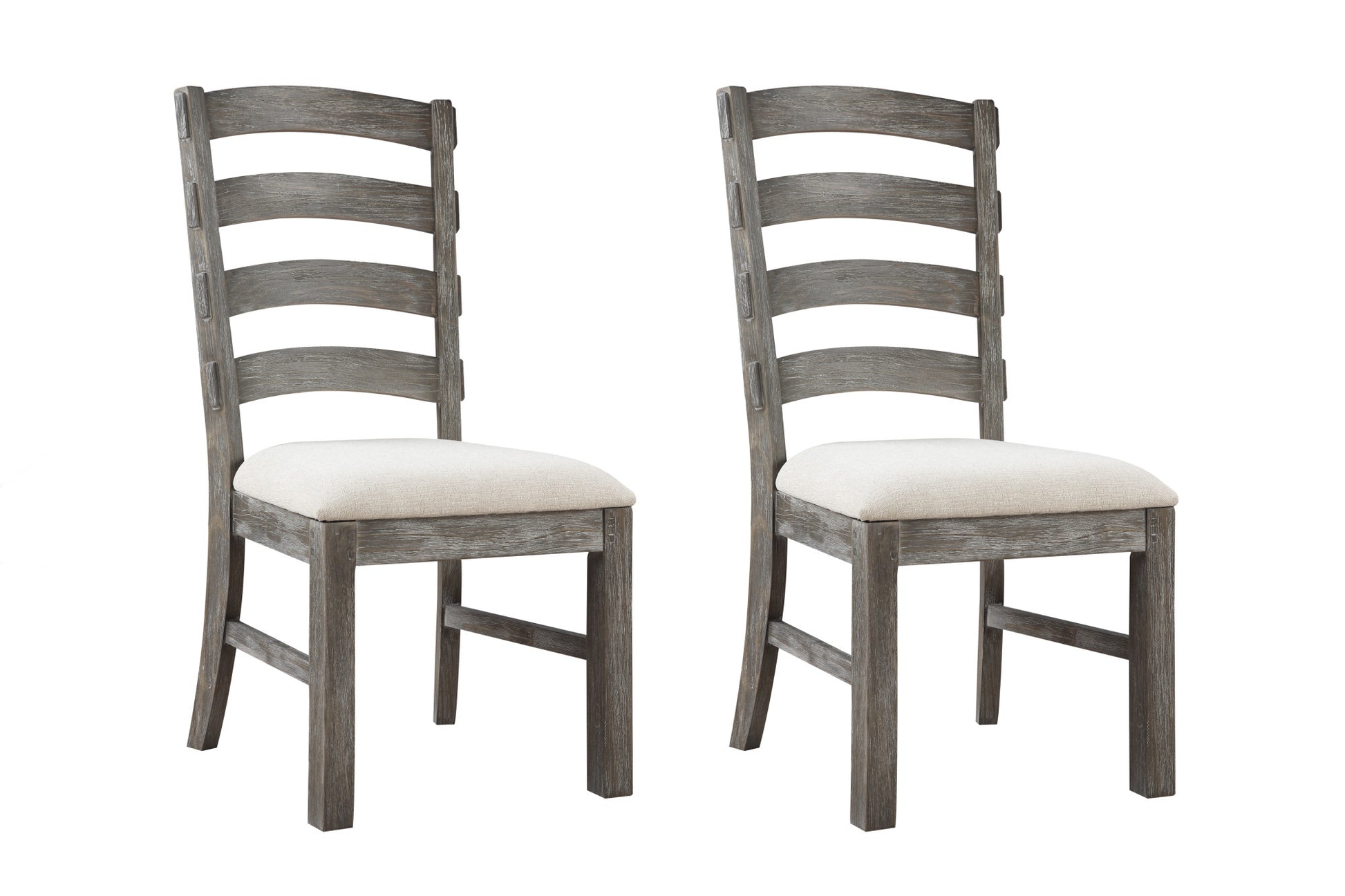 Two grey wooden ladder back dining chairs with cream upholstered seats