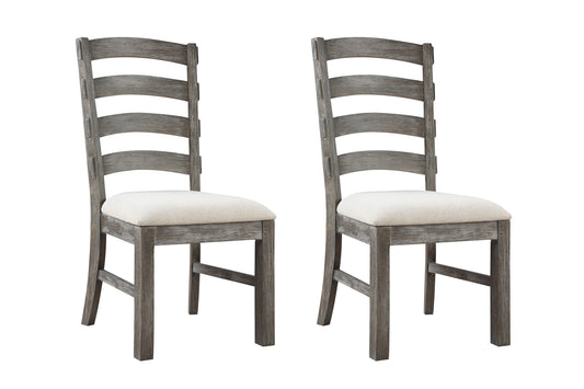 Two grey wooden ladder back dining chairs with cream upholstered seats