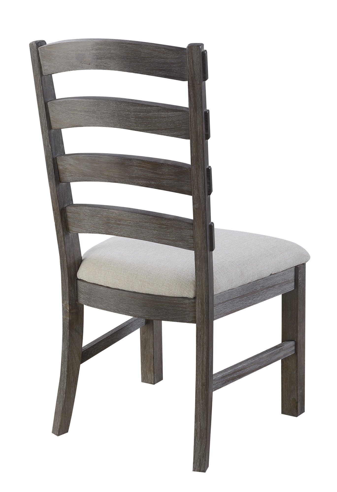 Gray wood dining chair with upholstered seat and ladder back