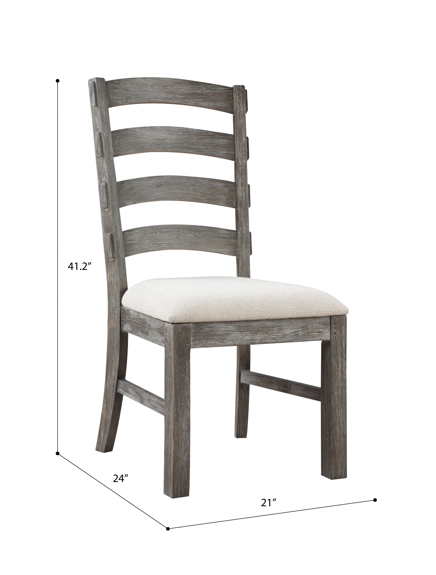 Rustic grey wooden dining chair with a neutral upholstered seat