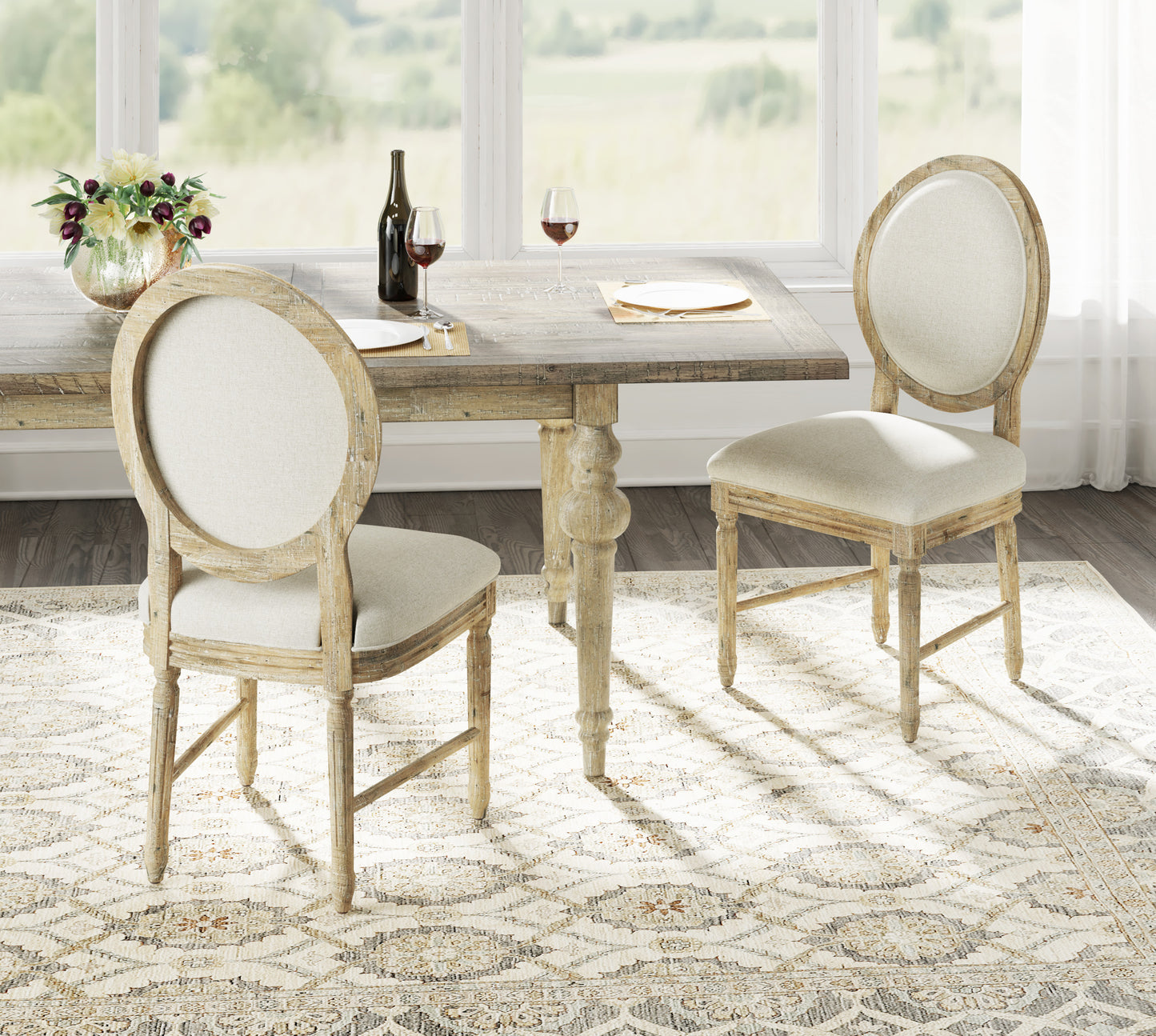 Rustic farmhouse dining chairs with distressed wood frames and cream upholstery
