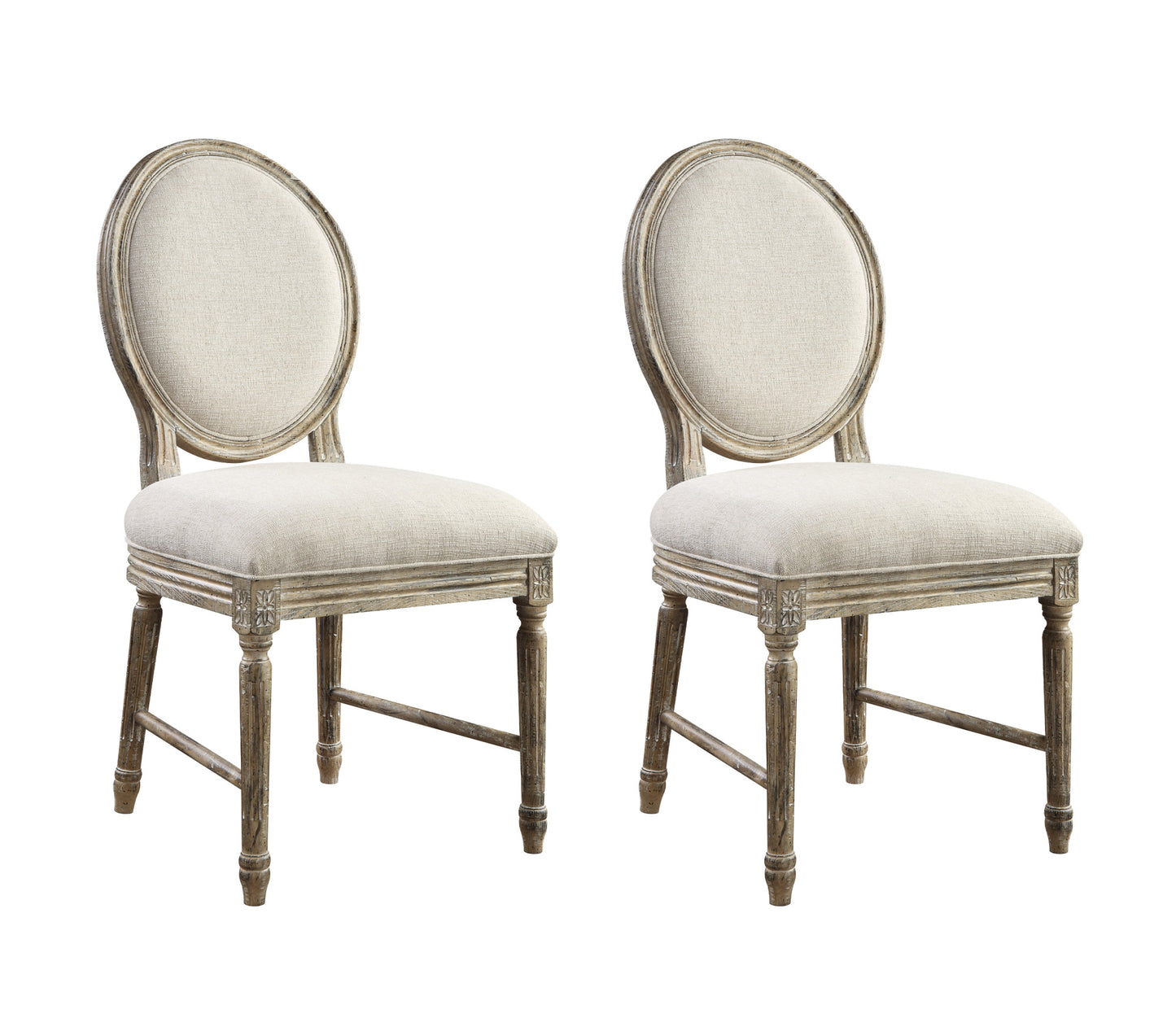Elegant beige linen upholstered oval back dining chair with distressed wood frame