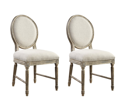 Elegant beige linen upholstered oval back dining chair with distressed wood frame