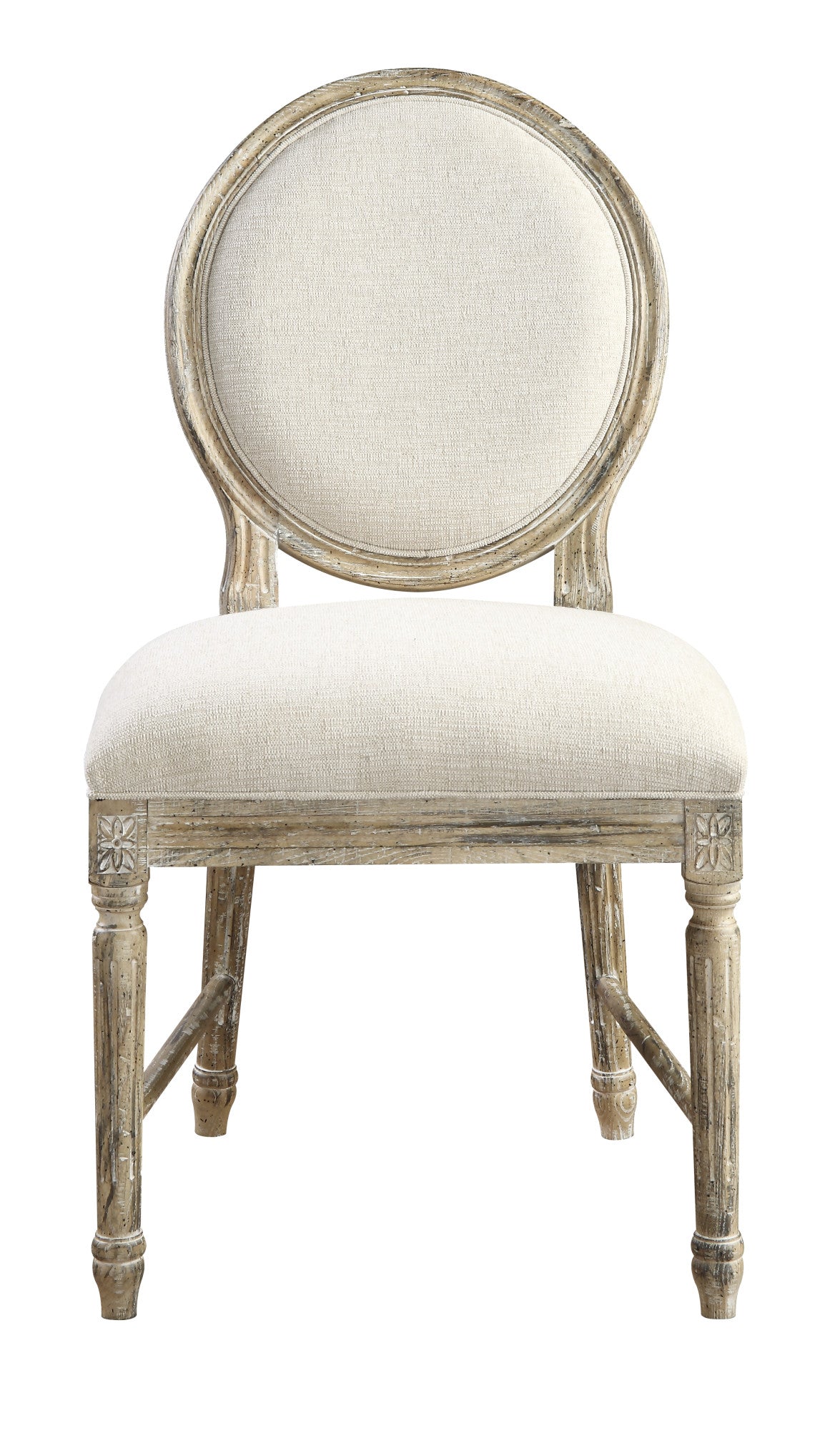 Distressed wood oval back dining chair with beige linen seat