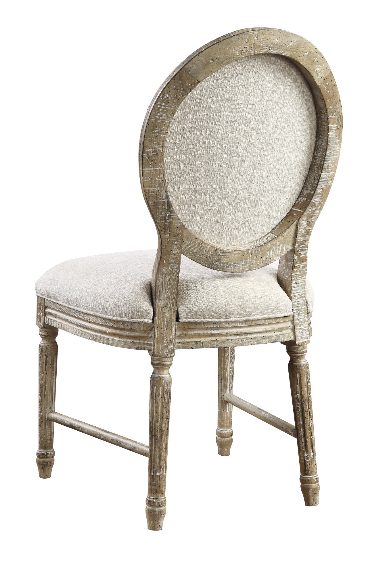 Distressed wood ovalback accent chair with light linen upholstery