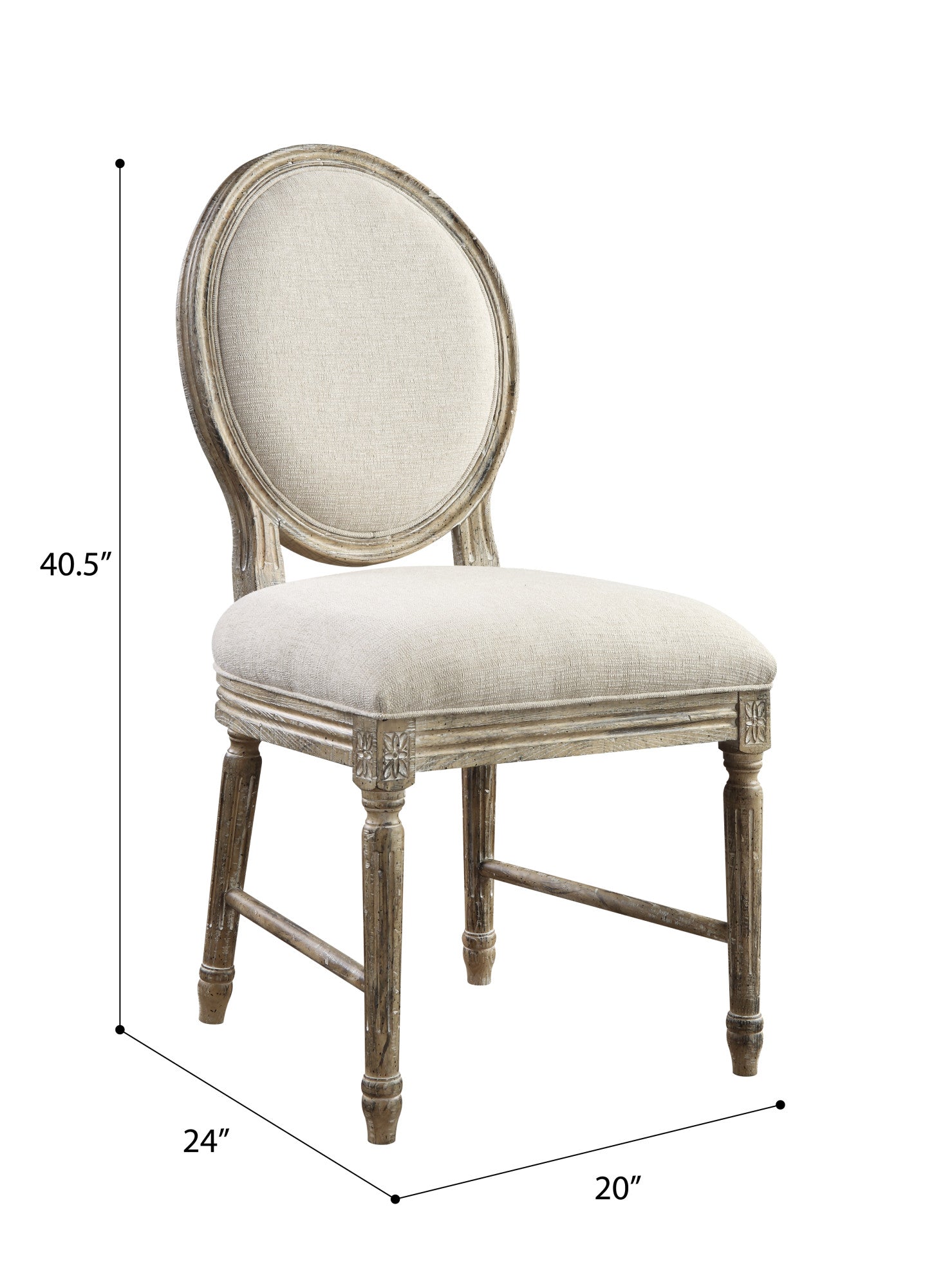 Distressed grey wood oval back dining chair with beige linen seat