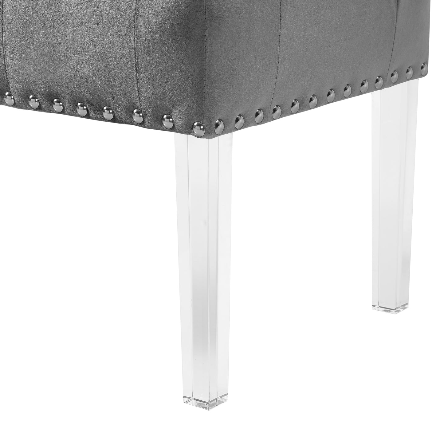 Gray velvet ottoman with silver nailhead trim and clear acrylic legs