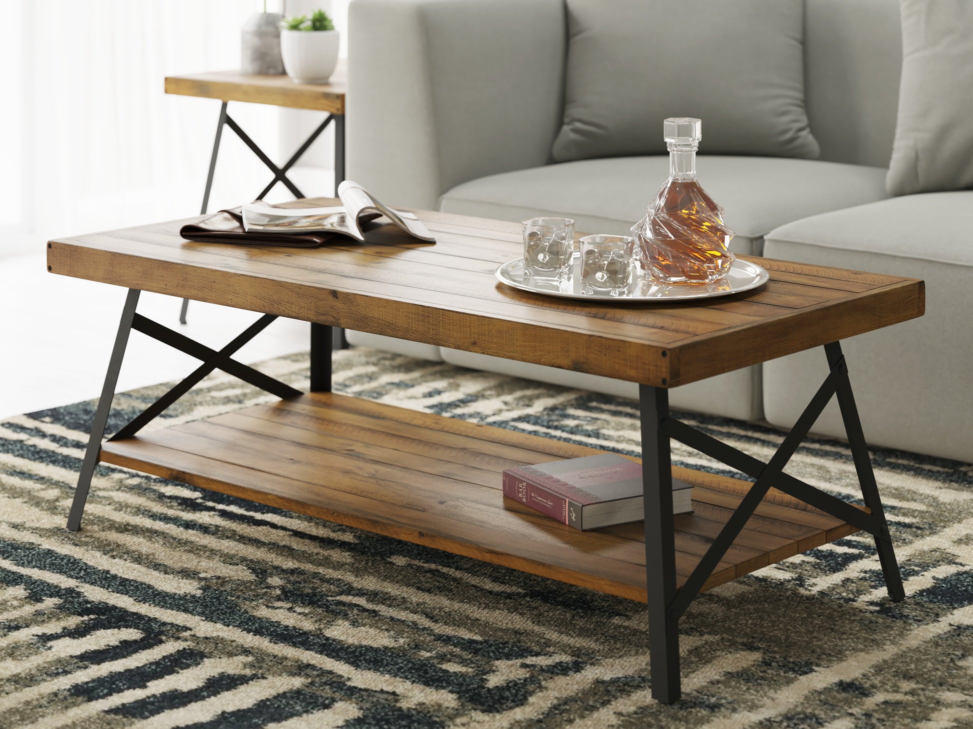 Rustic wooden coffee table with two shelves and black metal legs
