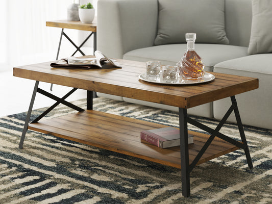 Rustic wooden coffee table with two shelves and black metal legs