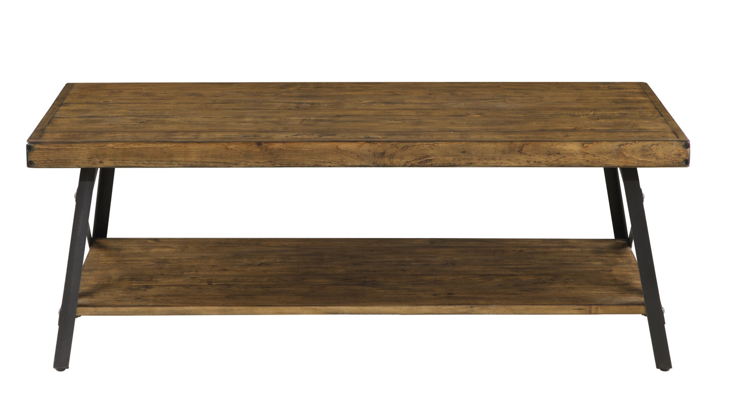 Rustic wood coffee table with metal legs and lower shelf