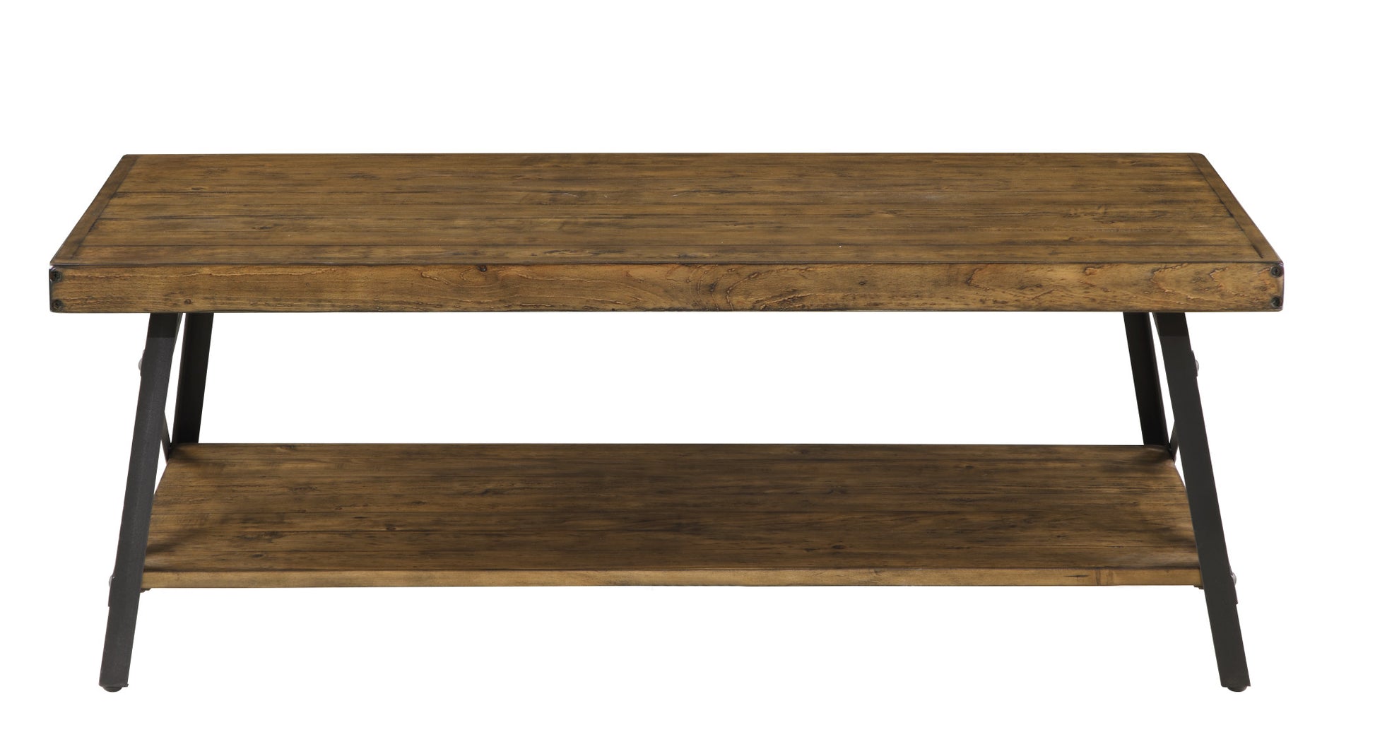 Rustic wood coffee table with metal legs and lower shelf