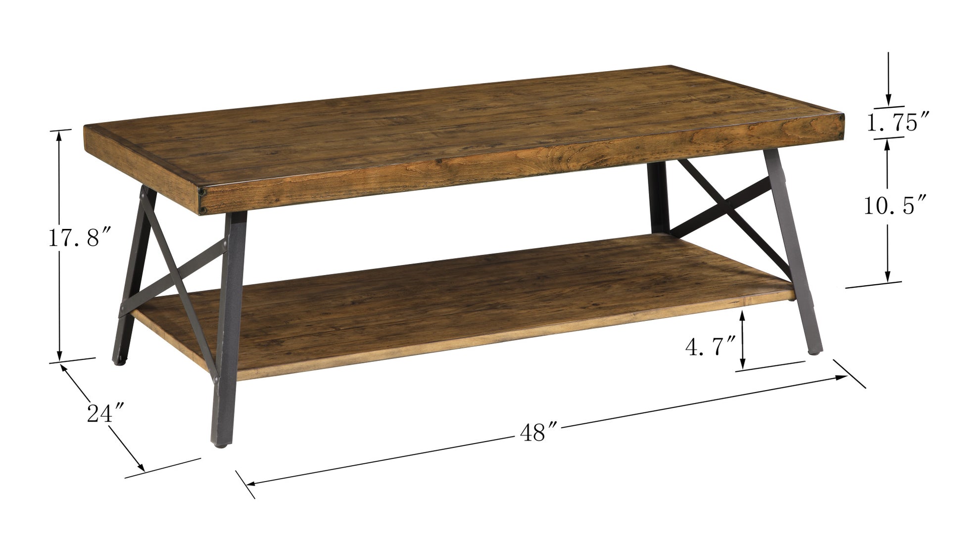 Rustic wood coffee table with metal legs and lower shelf