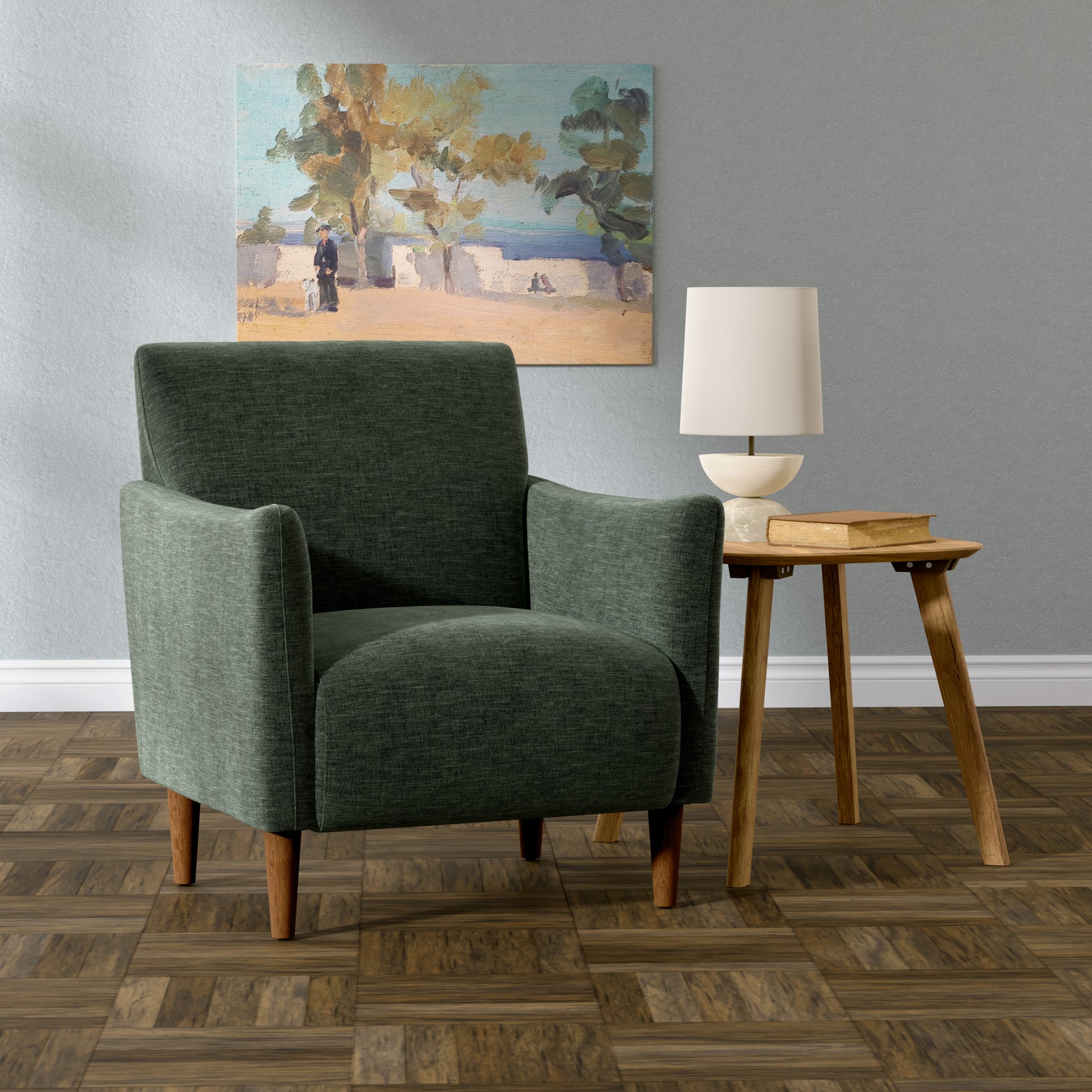 Deep green fabric accent chair with tapered wooden legs and plush seating