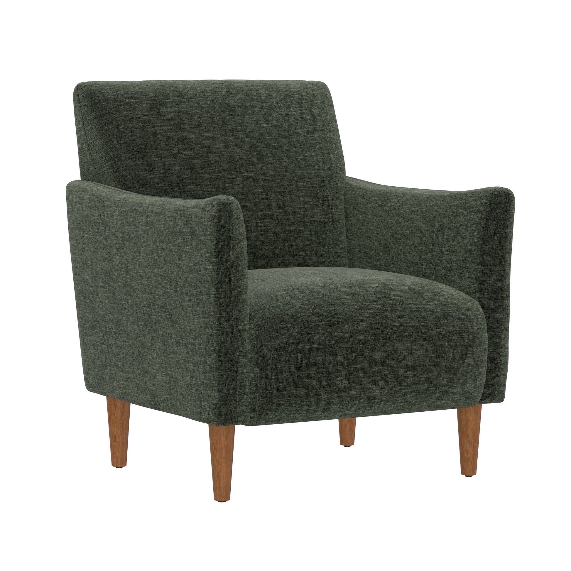 Dark green fabric armchair with wooden legs
