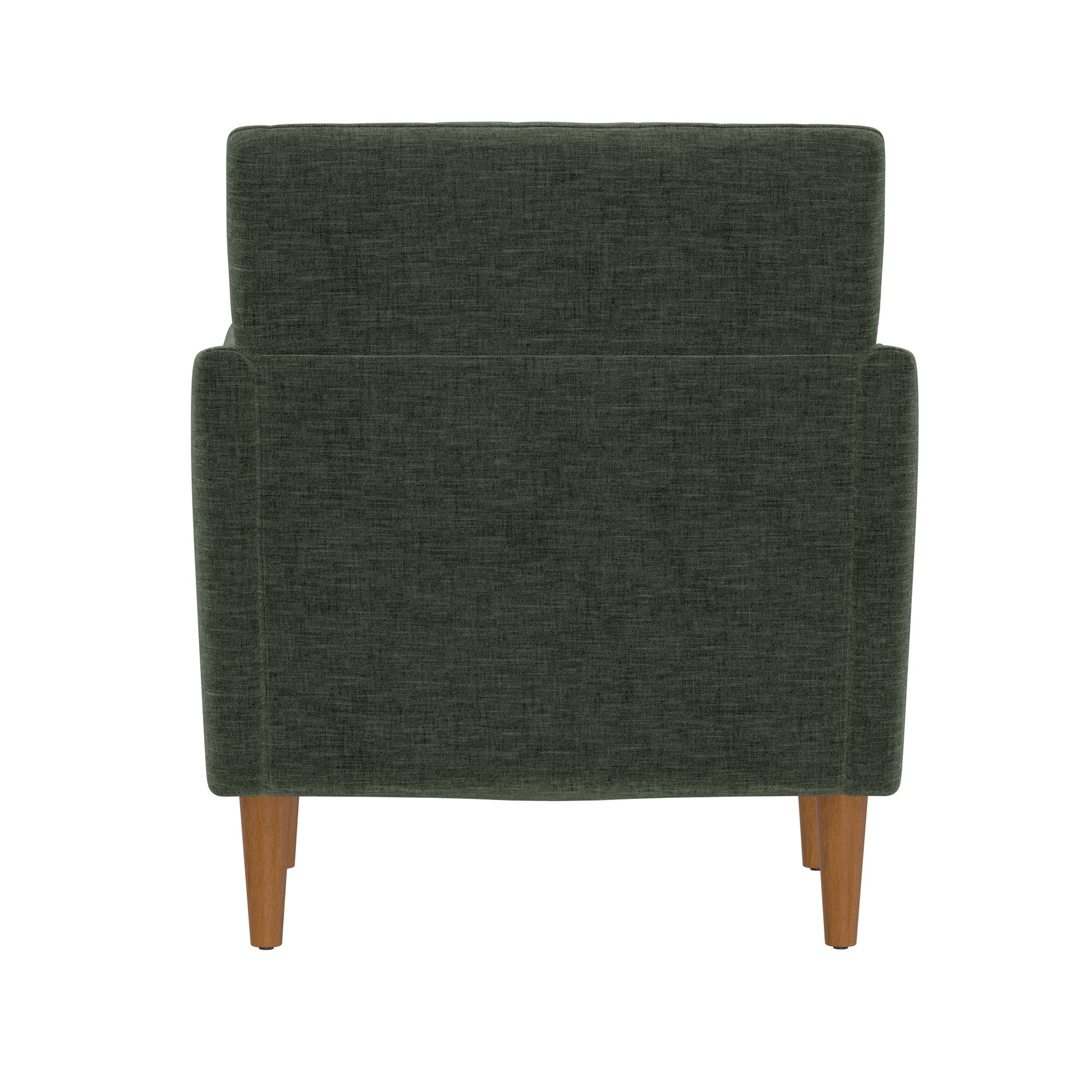 Dark green upholstered armchair back view with natural wood tapered legs