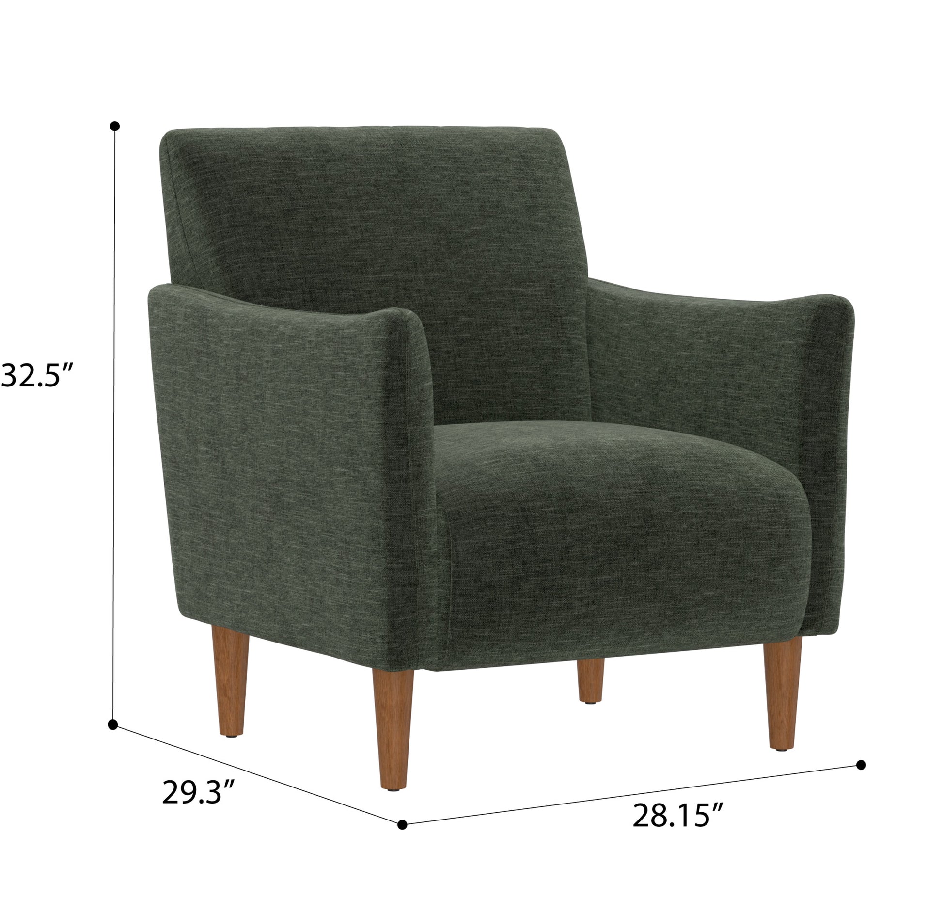 Dark green upholstered accent chair with wooden legs