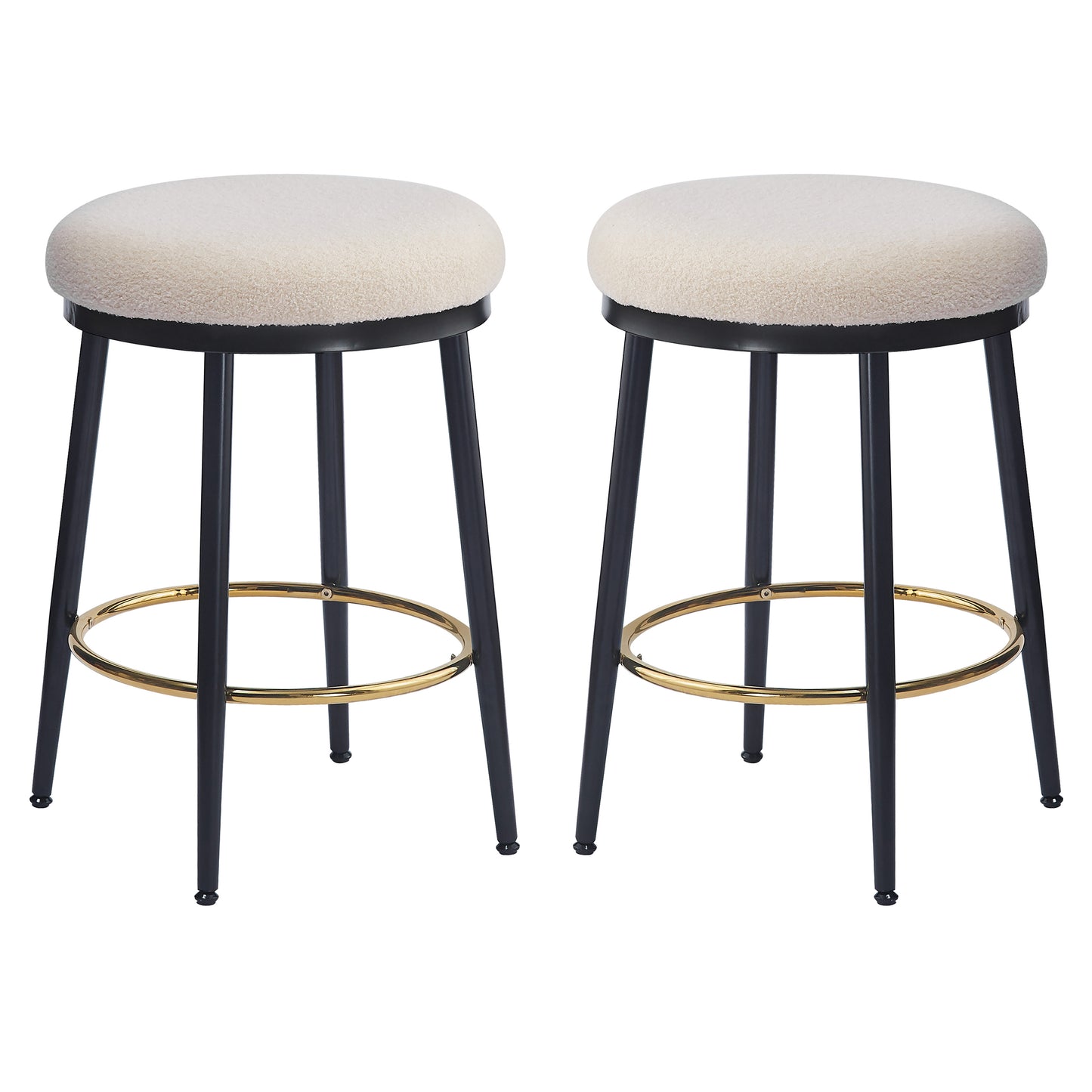 Cream boucle bar stools with black legs and gold footrests