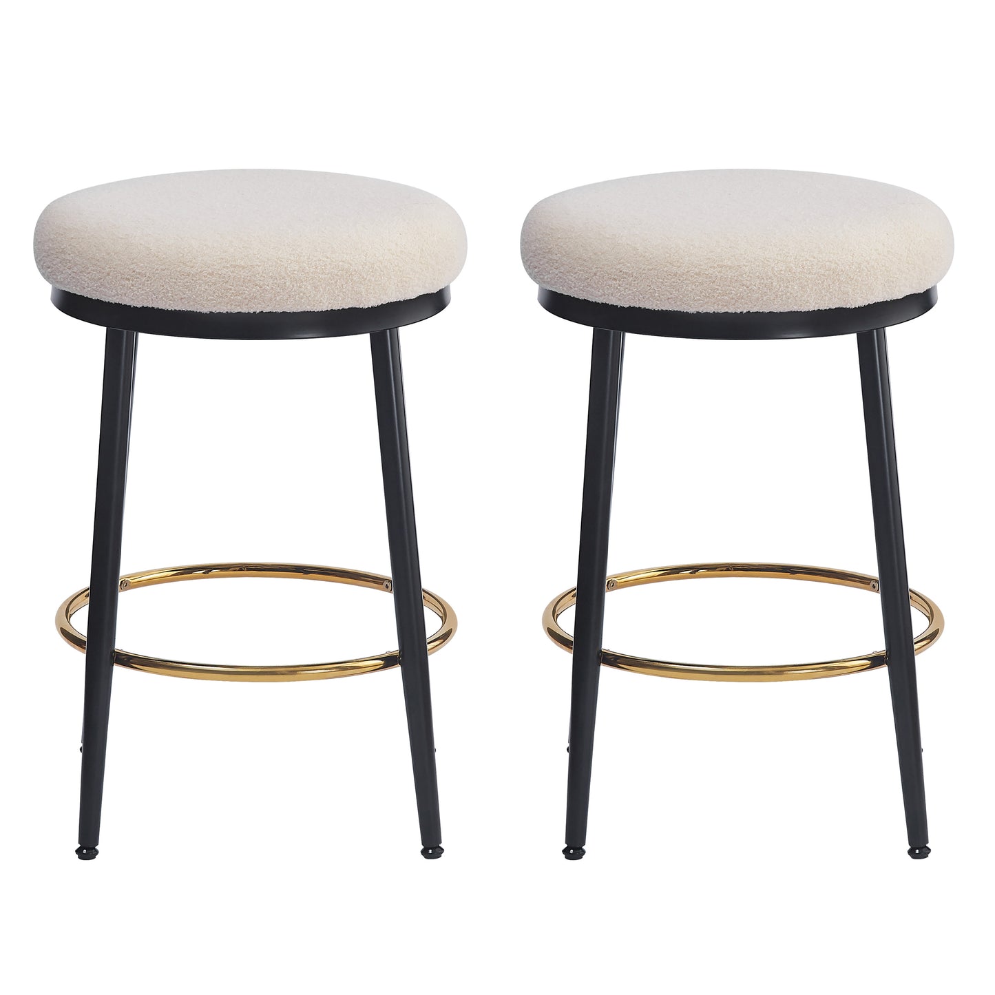 Cream boucle bar stool with black metal legs and gold footrest