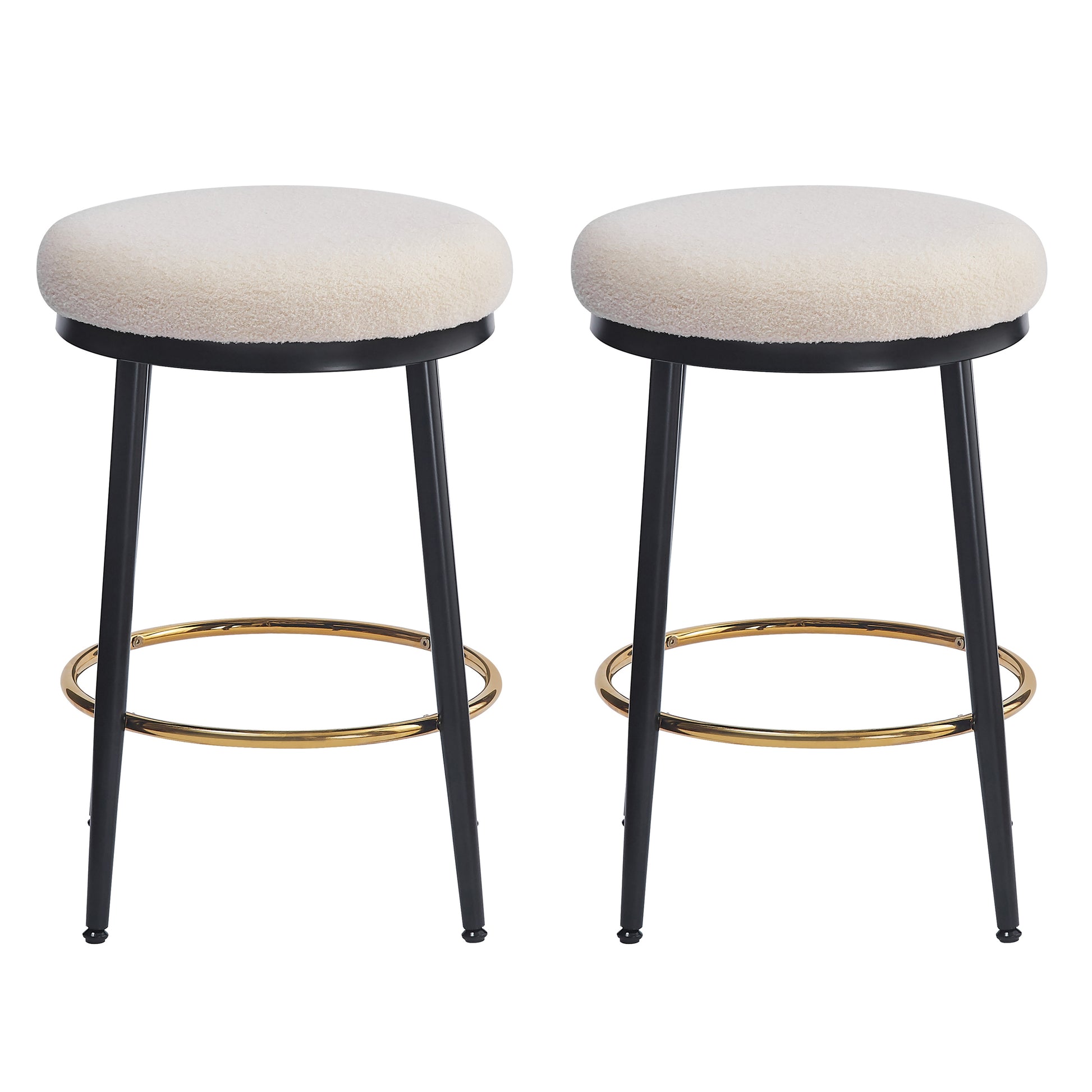 Cream boucle bar stool with black metal legs and gold footrest