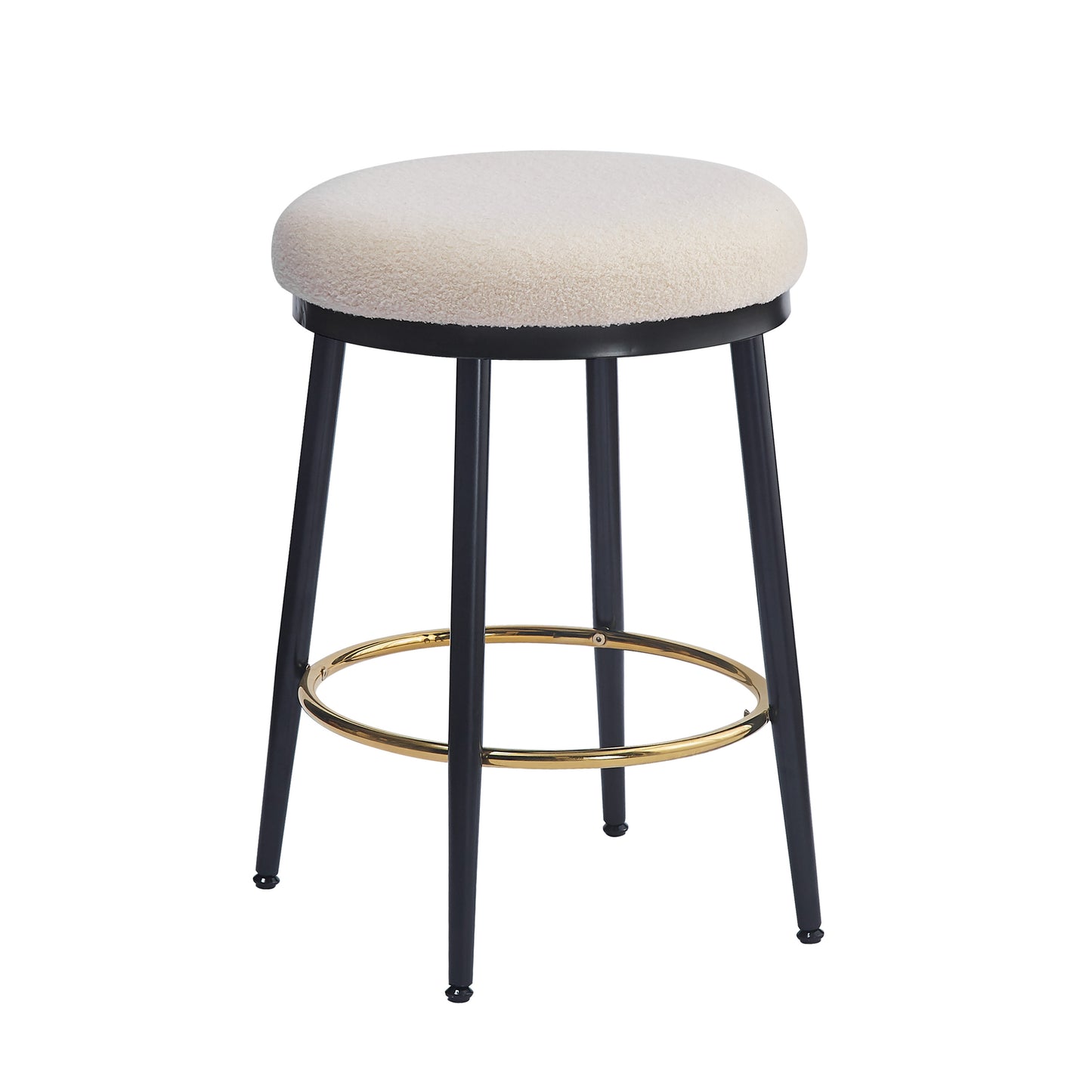 Modern boucle bar stool with black legs and gold footrest