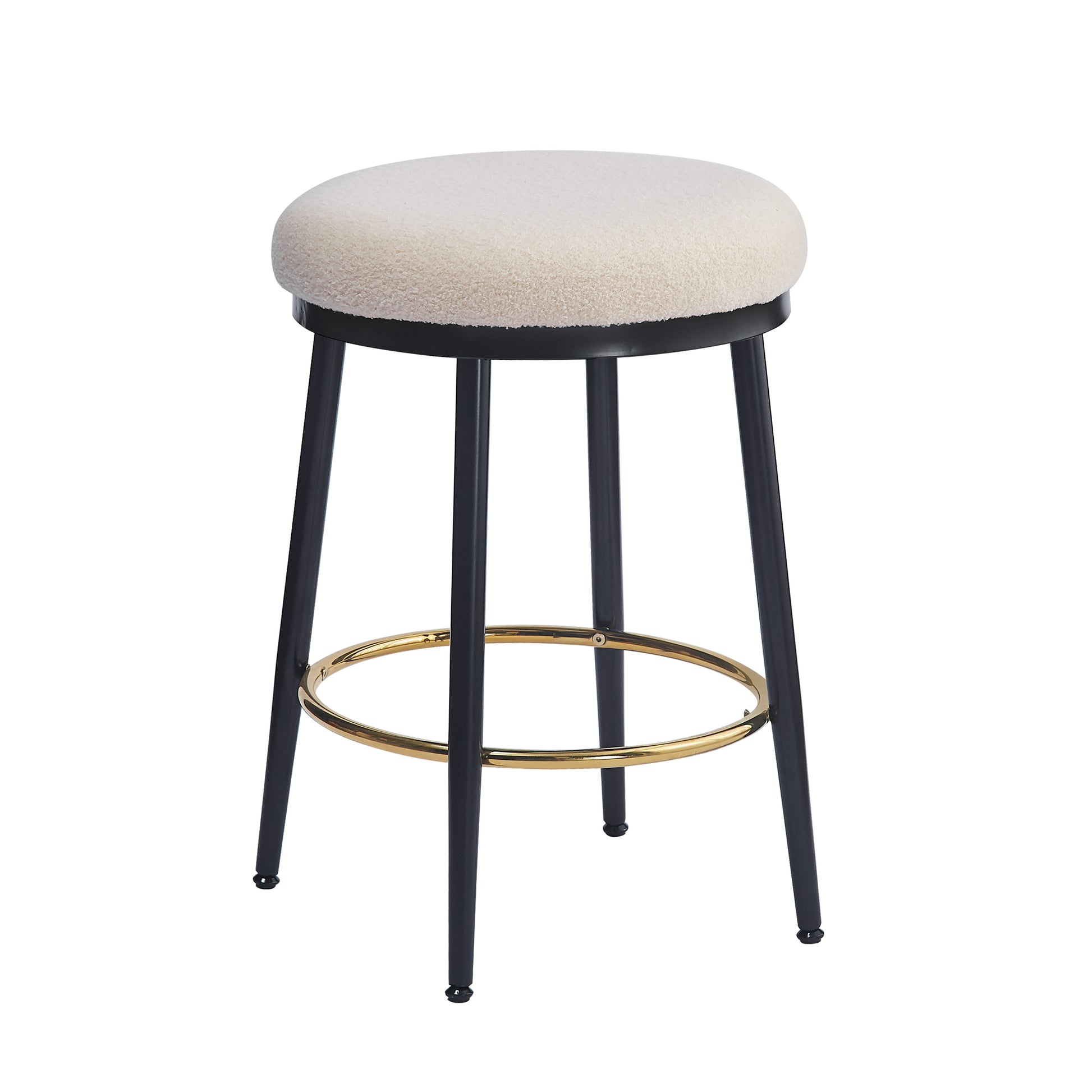 Modern boucle bar stool with black legs and gold footrest