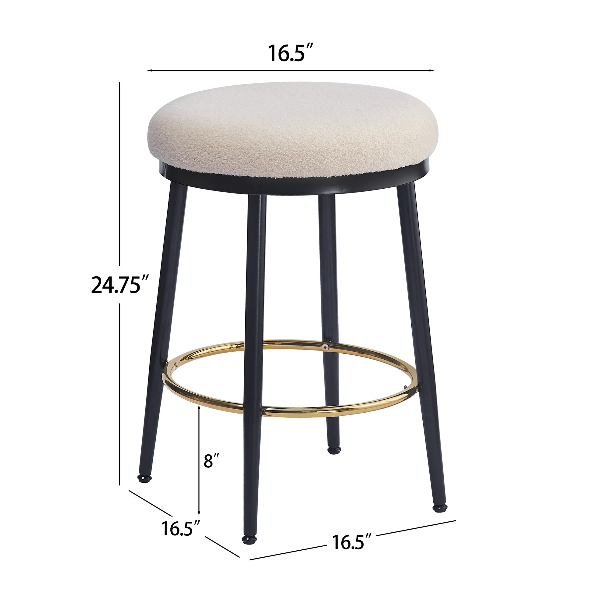 Cream boucle round stool with black metal legs and gold footrest