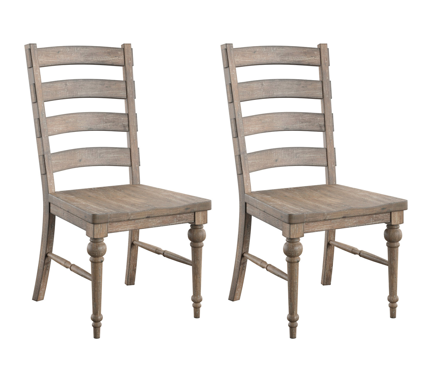 Two rustic gray wooden ladderback dining chairs with turned legs