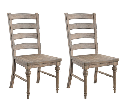Two rustic gray wooden ladderback dining chairs with turned legs