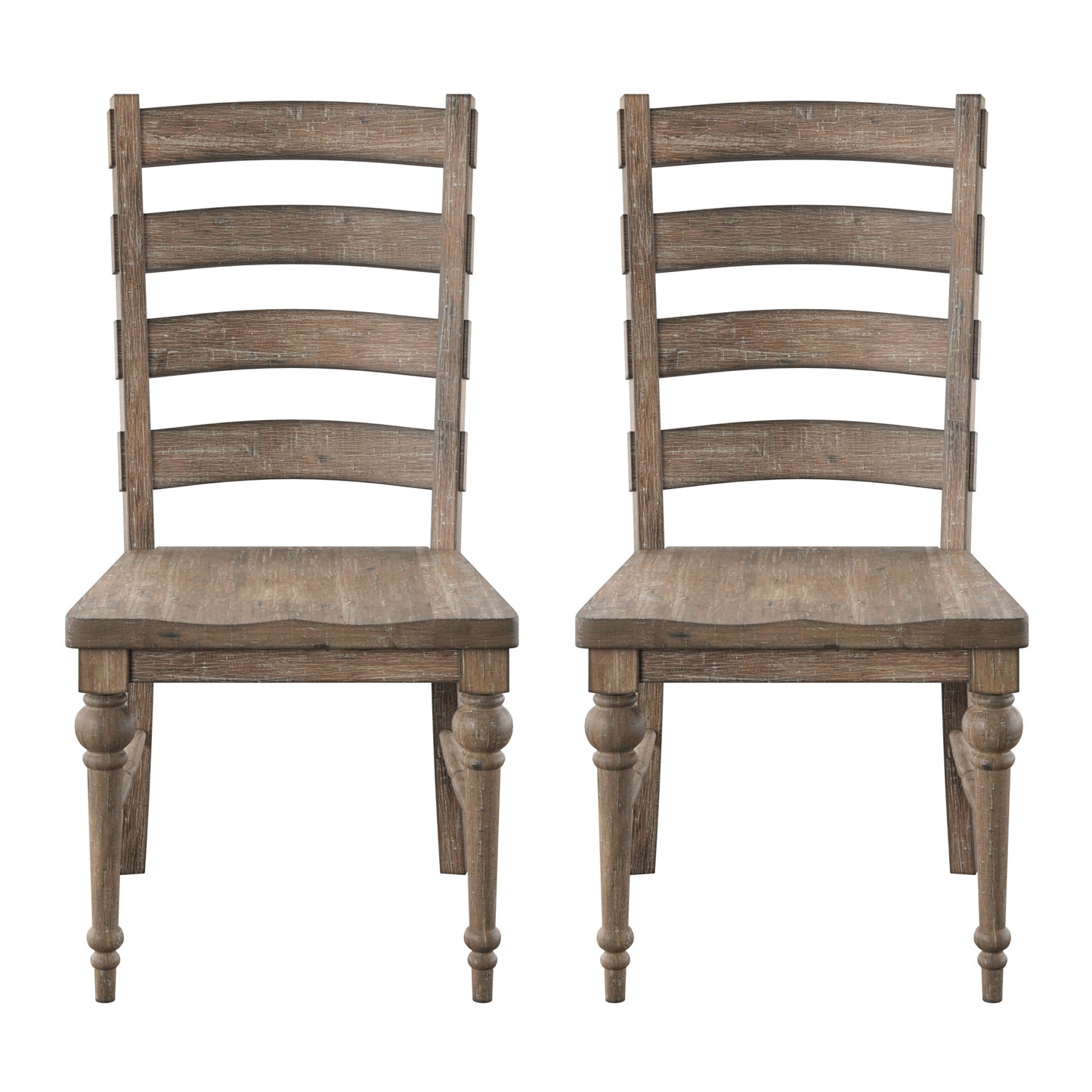 Rustic wooden dining chairs with slatted backs and turned legs
