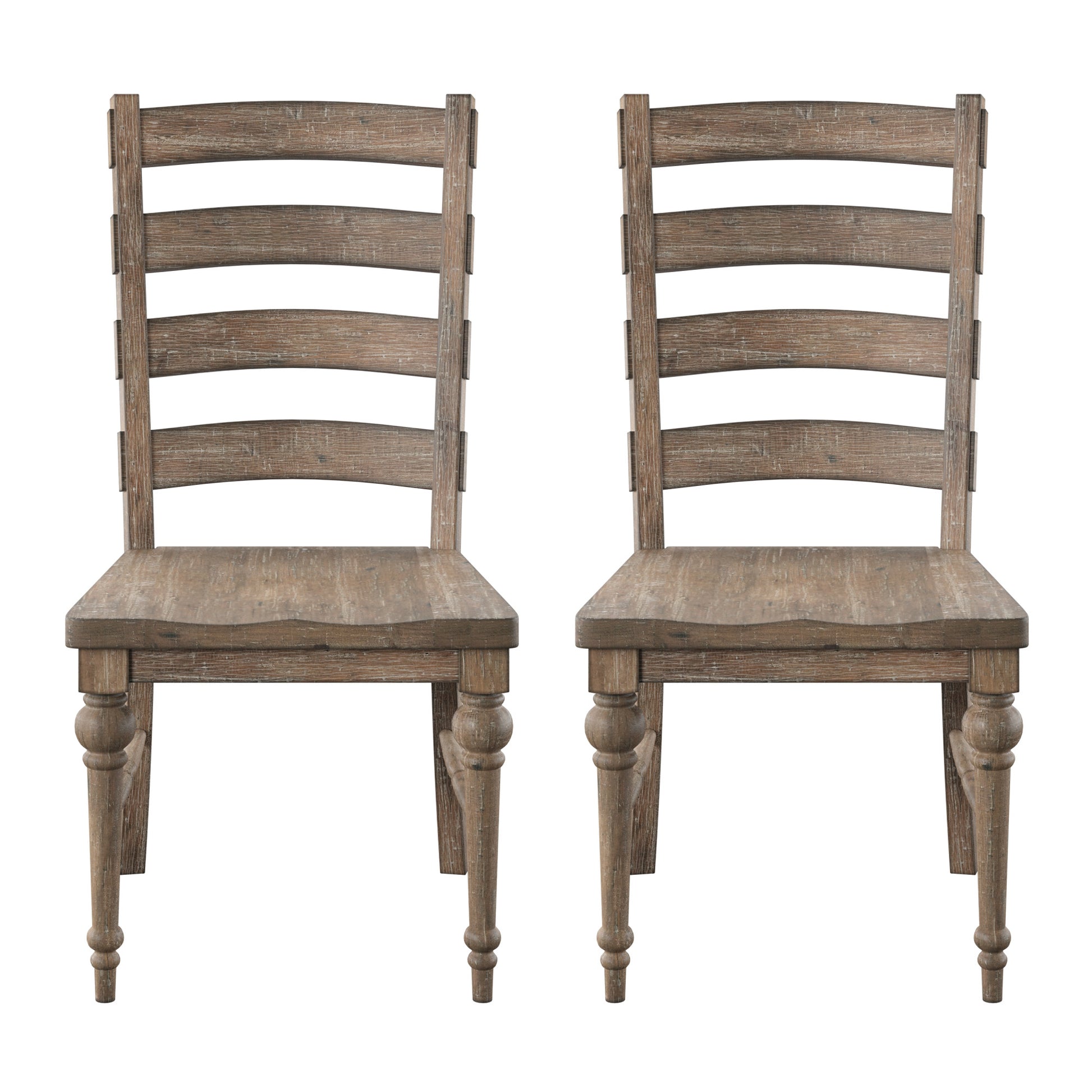 Rustic wooden dining chairs with slatted backs and turned legs