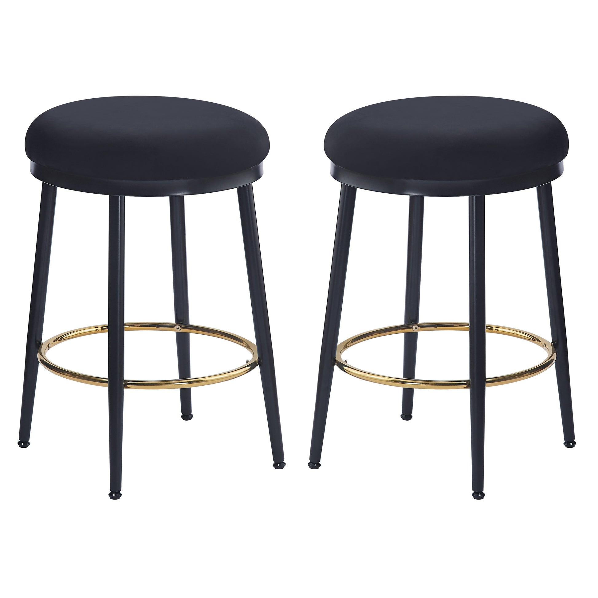 Pair of black velvet bar stools with gold footrests and slim black legs
