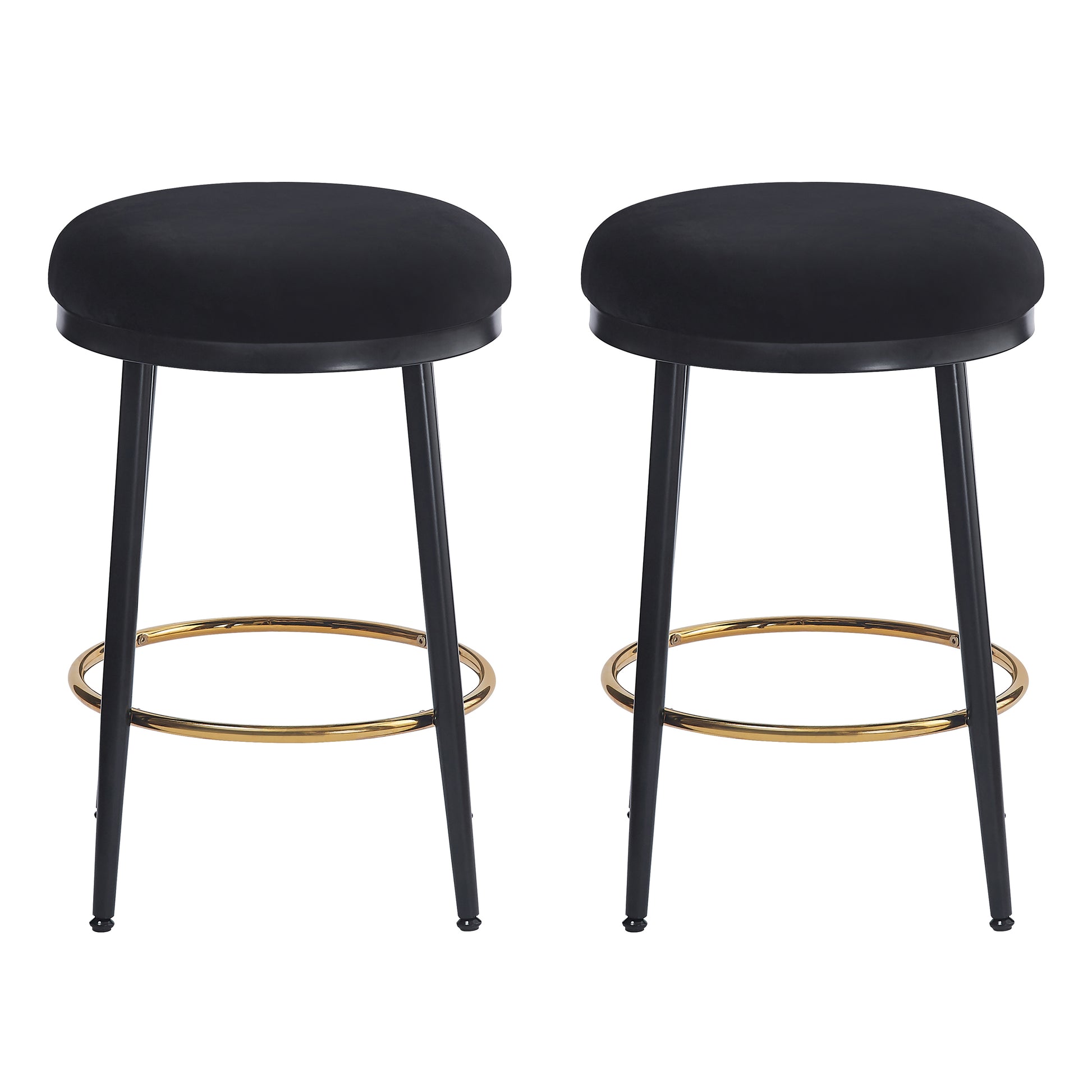 Set of two black velvet bar stools with gold footrests