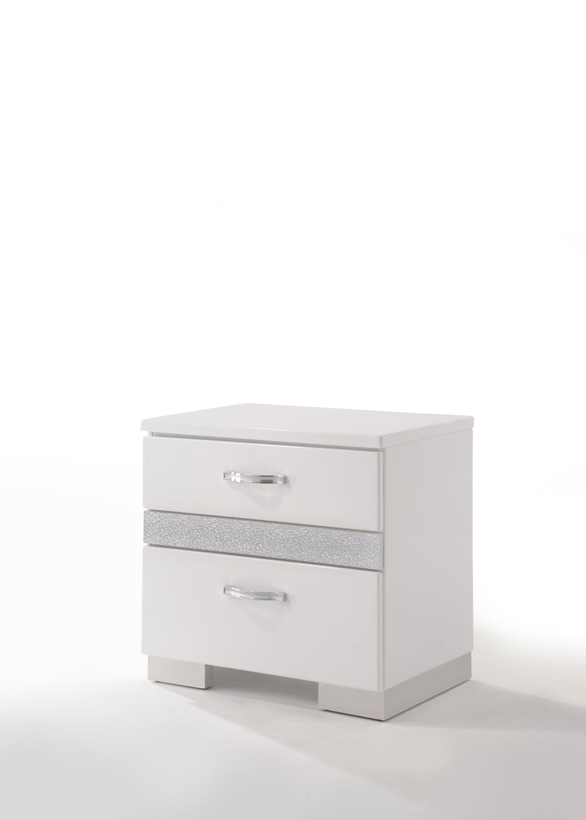 White bedside table with two drawers and crystal handles