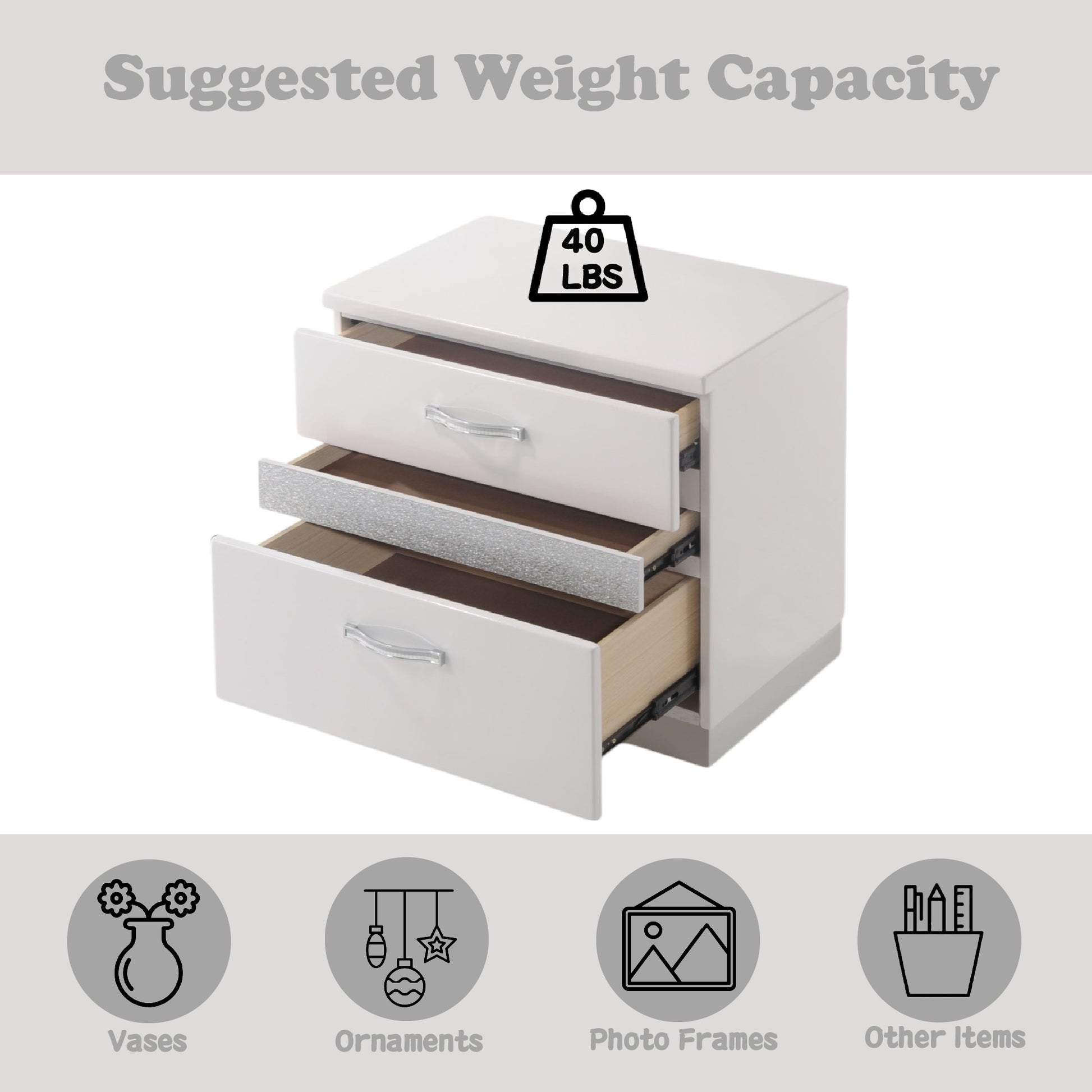 Sleek white nightstand with three drawers