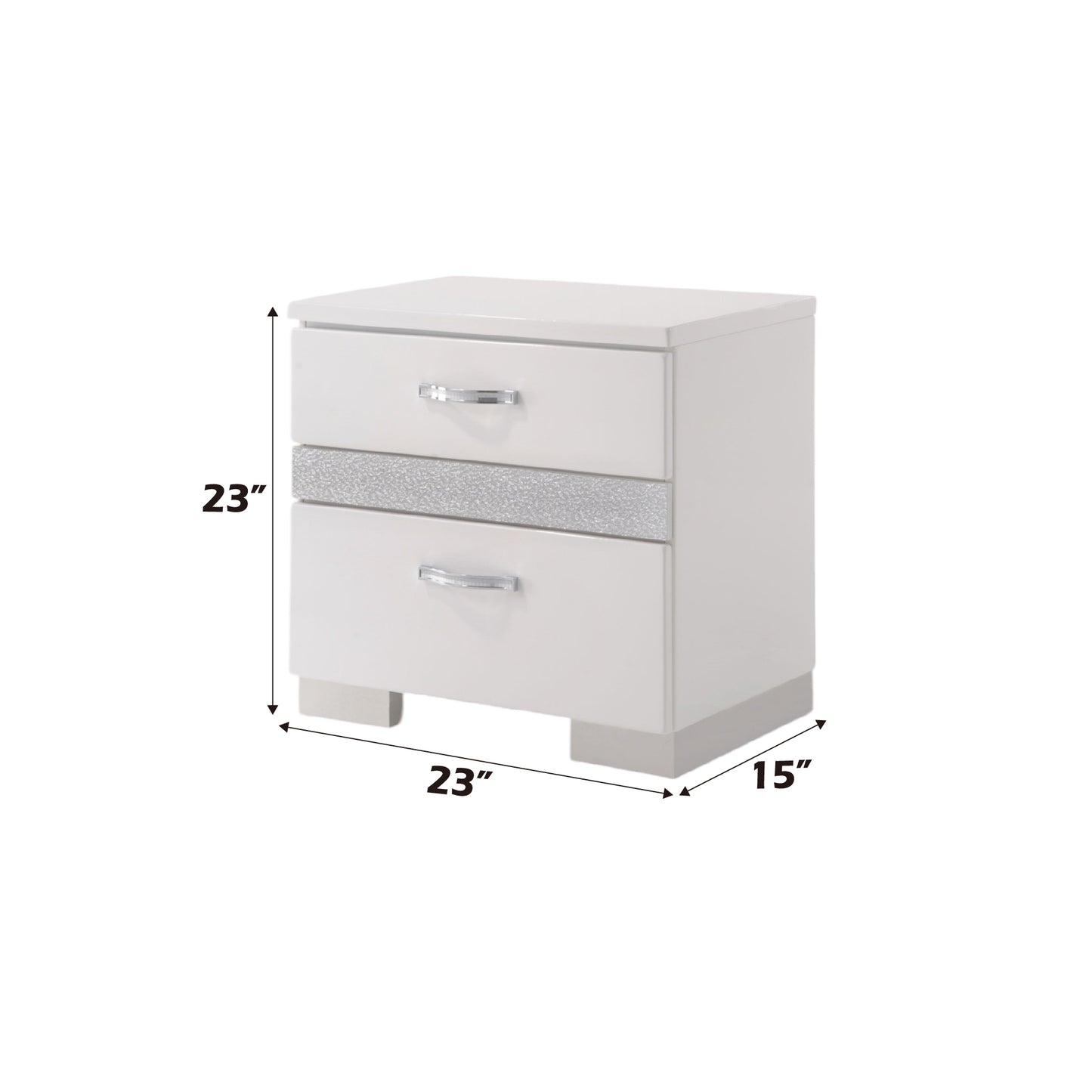 White twodrawer nightstand with crystal pull handles and glitter inlay