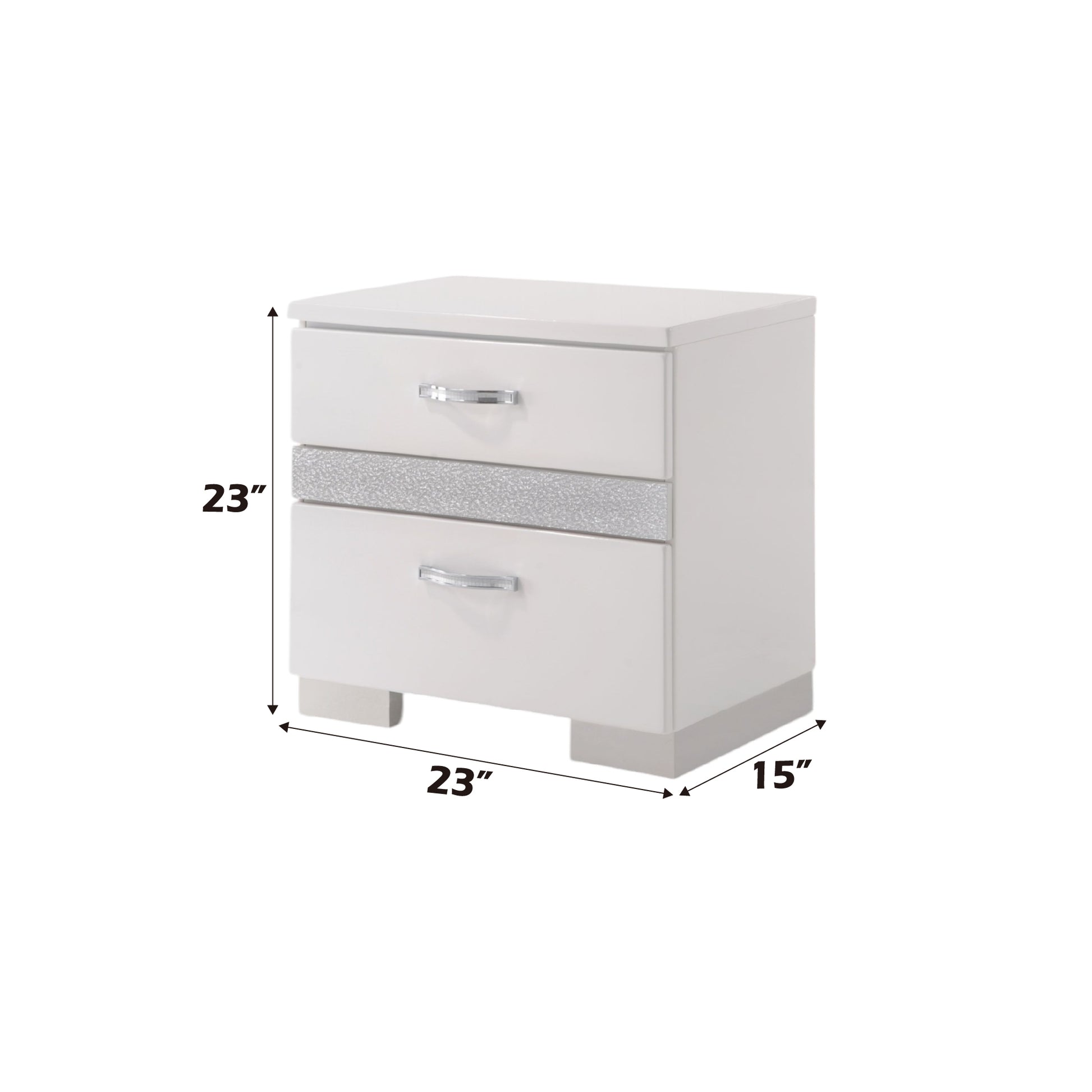 White twodrawer nightstand with crystal pull handles and glitter inlay