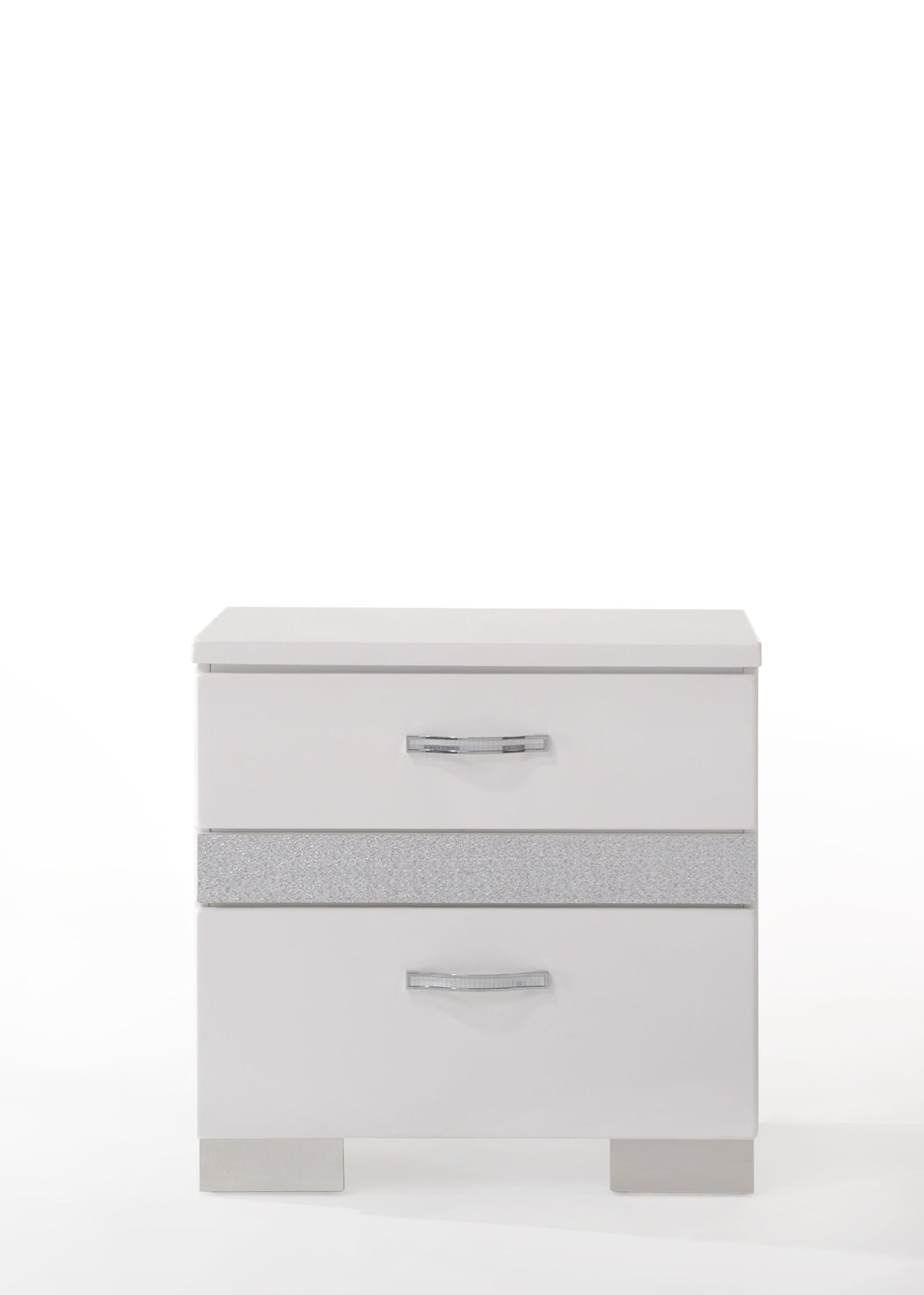 White twodrawer nightstand with crystallike drawer pulls and glitter accent band
