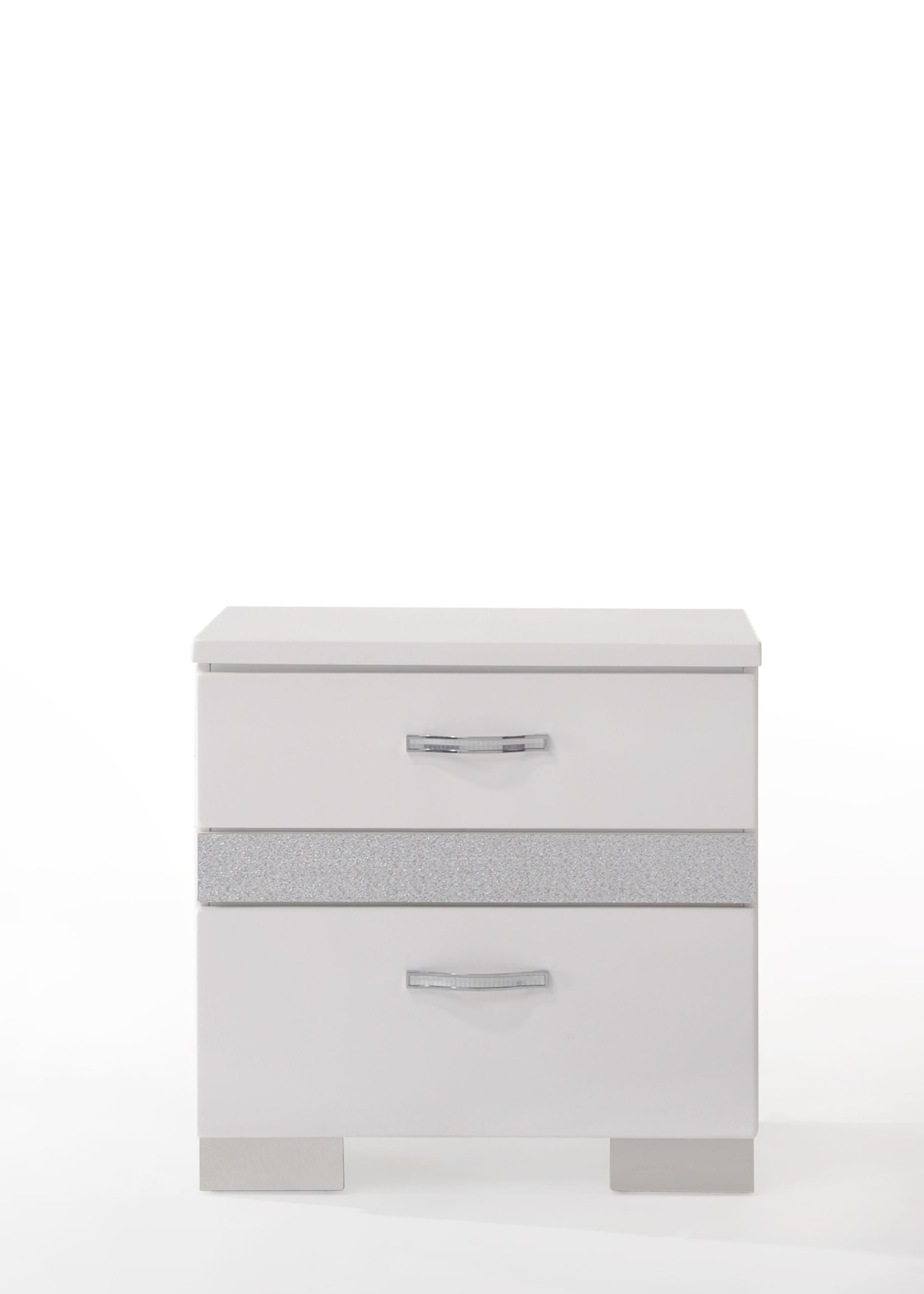 White twodrawer nightstand with crystallike drawer pulls and glitter accent band