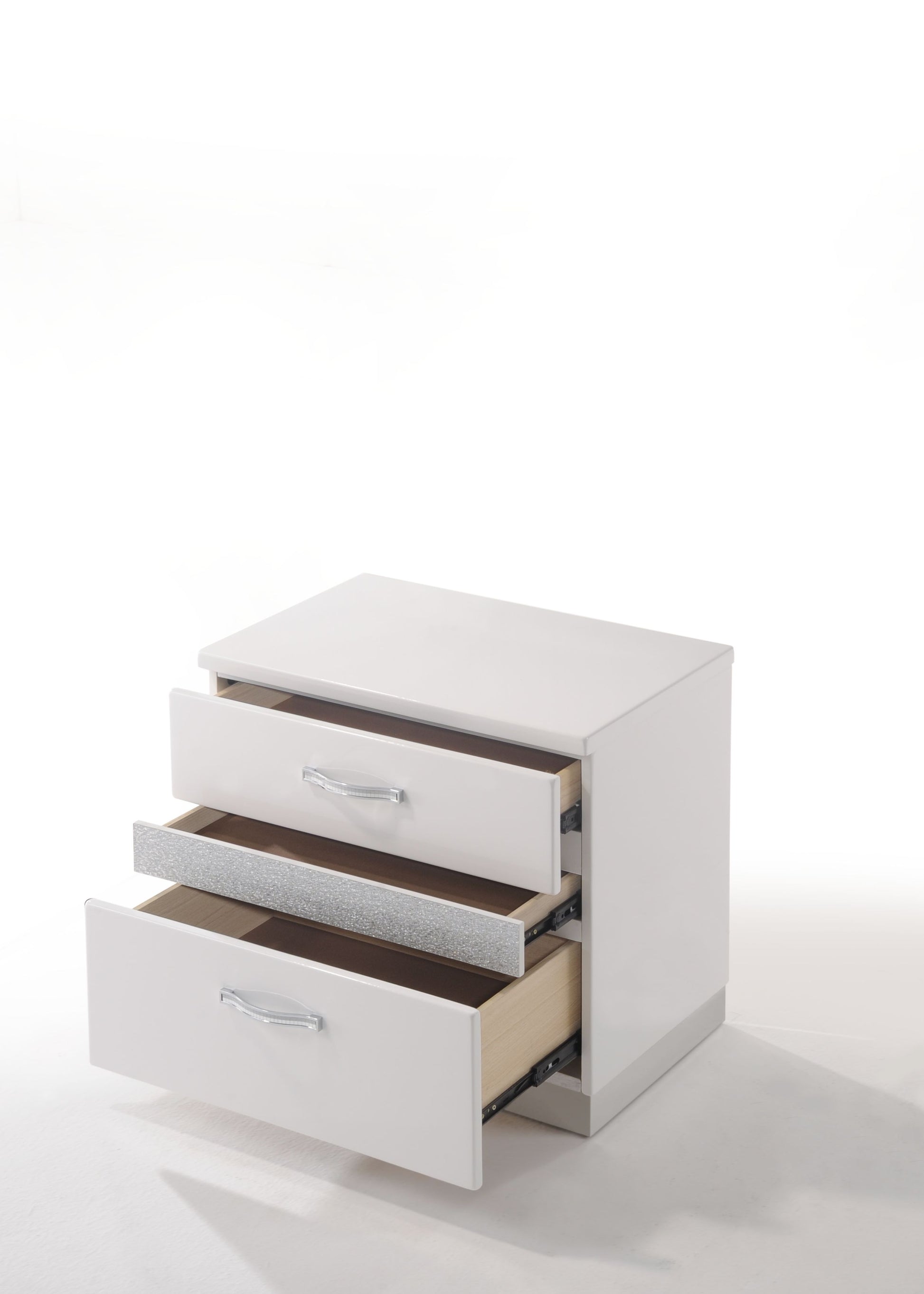 White gloss threedrawer nightstand with silver glitter accent on middle drawer