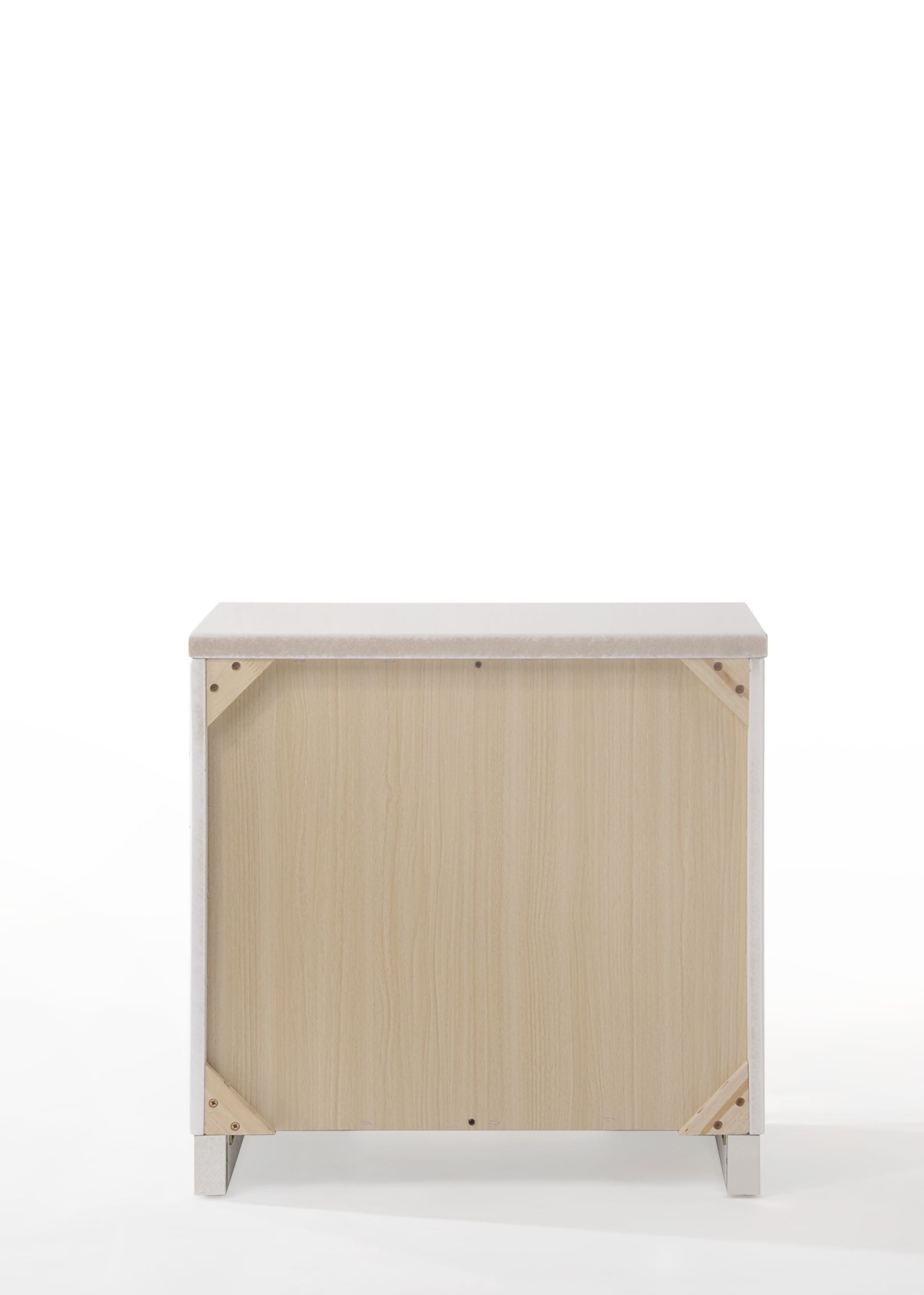Back view of light wood particle board cabinet with white frame