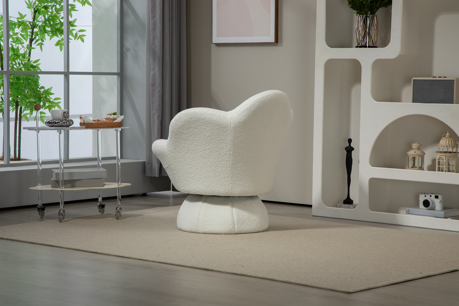 Fluffy white accent chair with rounded back and swivel base
