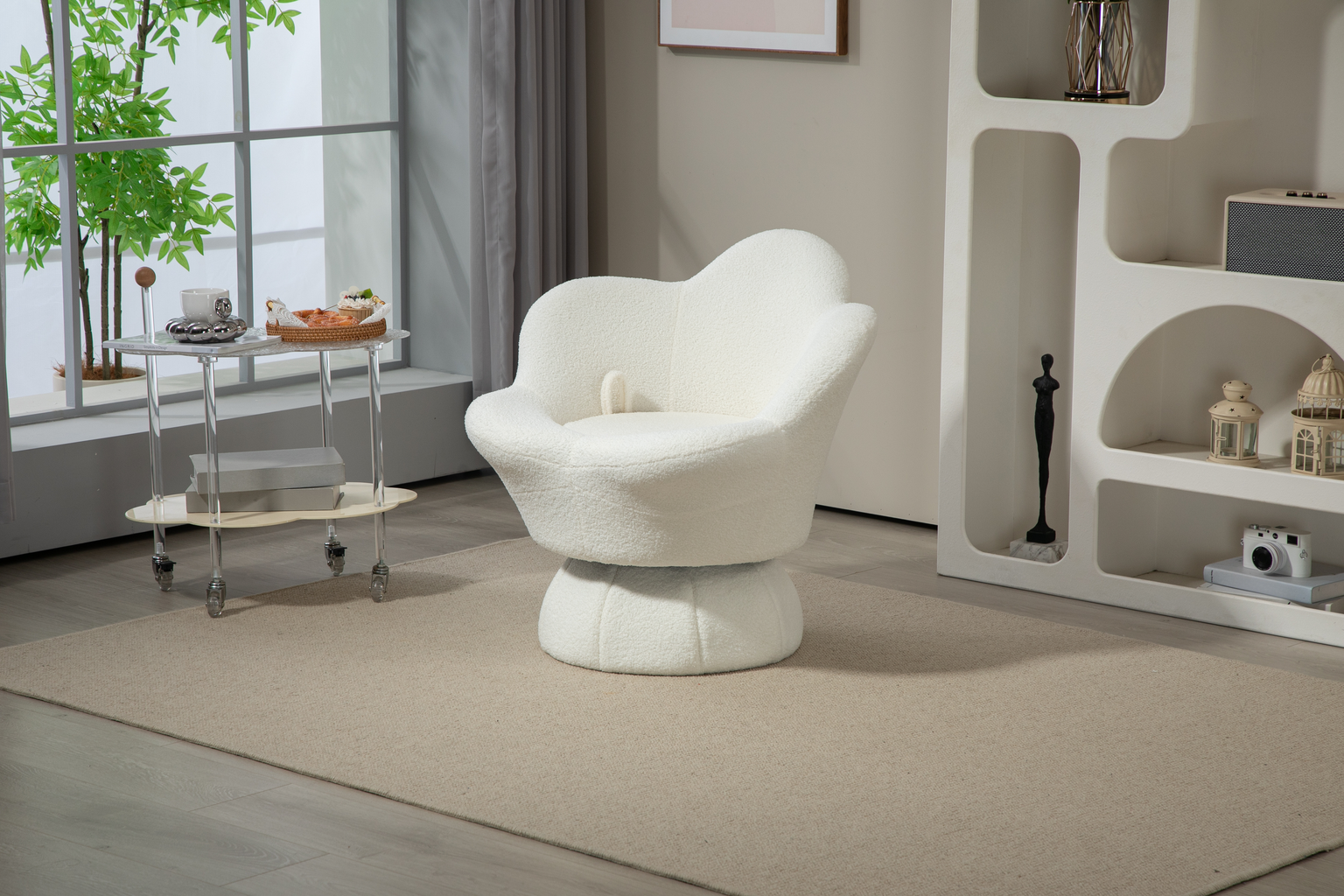Cream boucle accent chair with swivel base