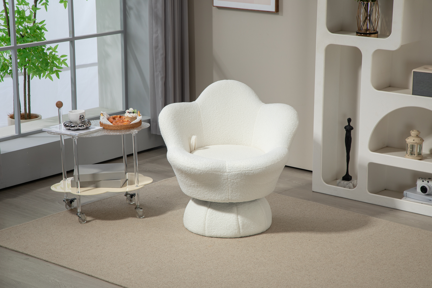 Fluffy white armchair with a unique flowerlike shape