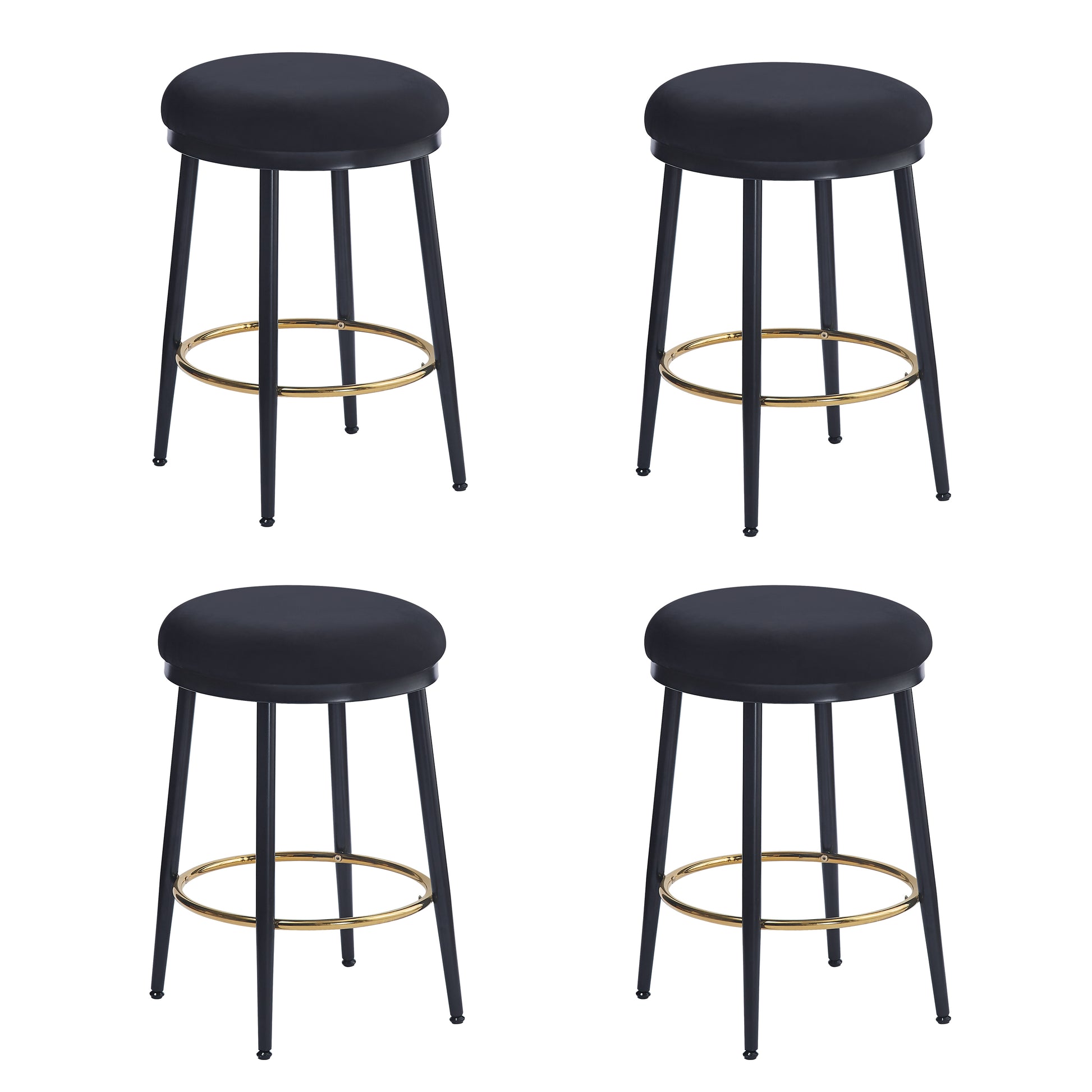 Four modern black bar stools with gold footrests